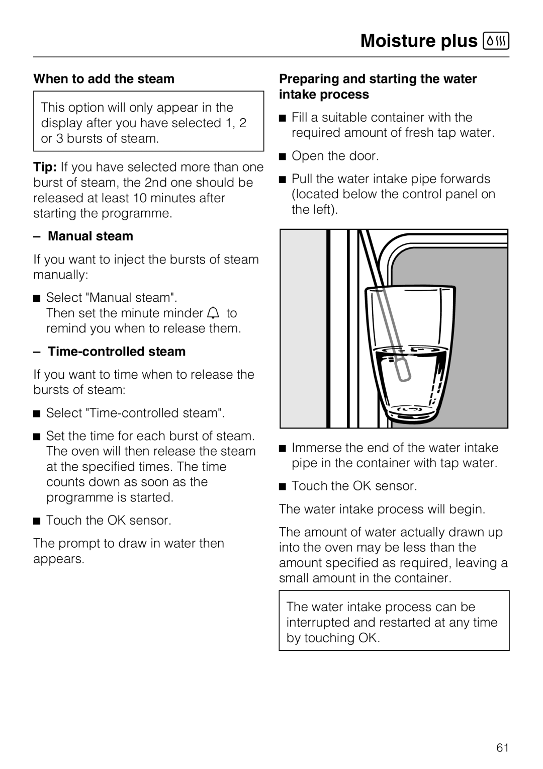 Miele 10 110 510 installation instructions When to add the steam, Manual steam, Time-controlled steam 