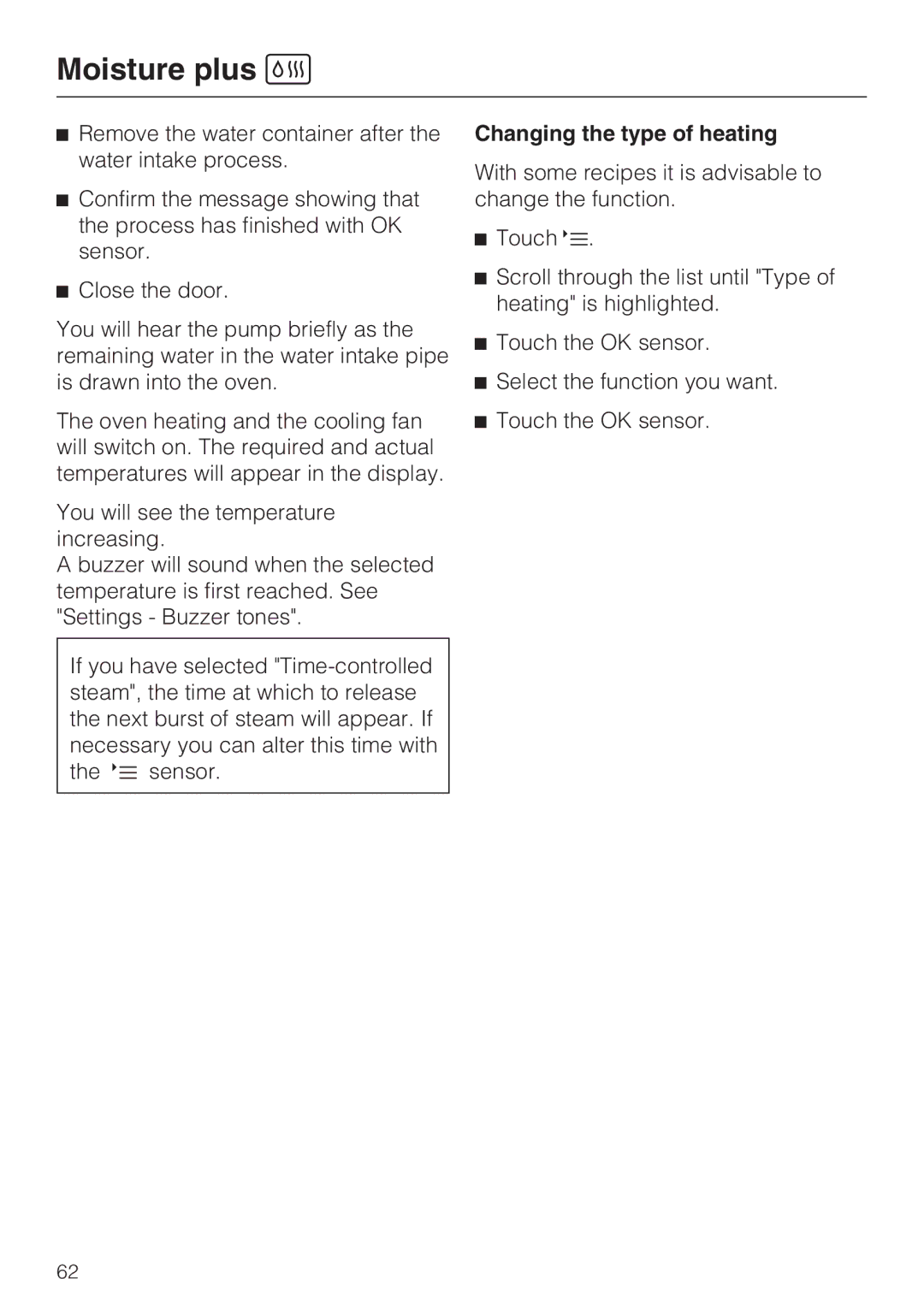 Miele 10 110 510 installation instructions Changing the type of heating 