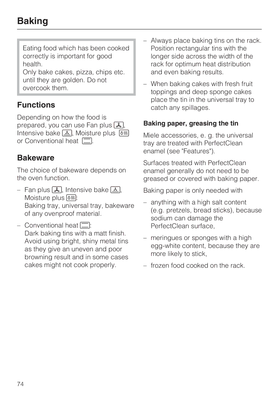 Miele 10 110 510 installation instructions Functions, Bakeware, Baking paper, greasing the tin 