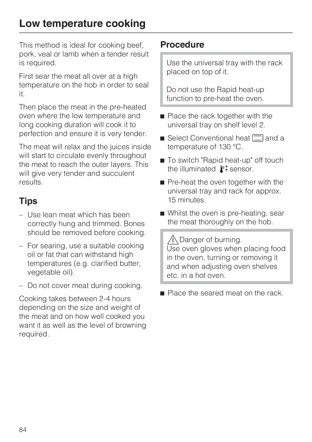 Miele 10 110 510 installation instructions Low temperature cooking, Procedure 