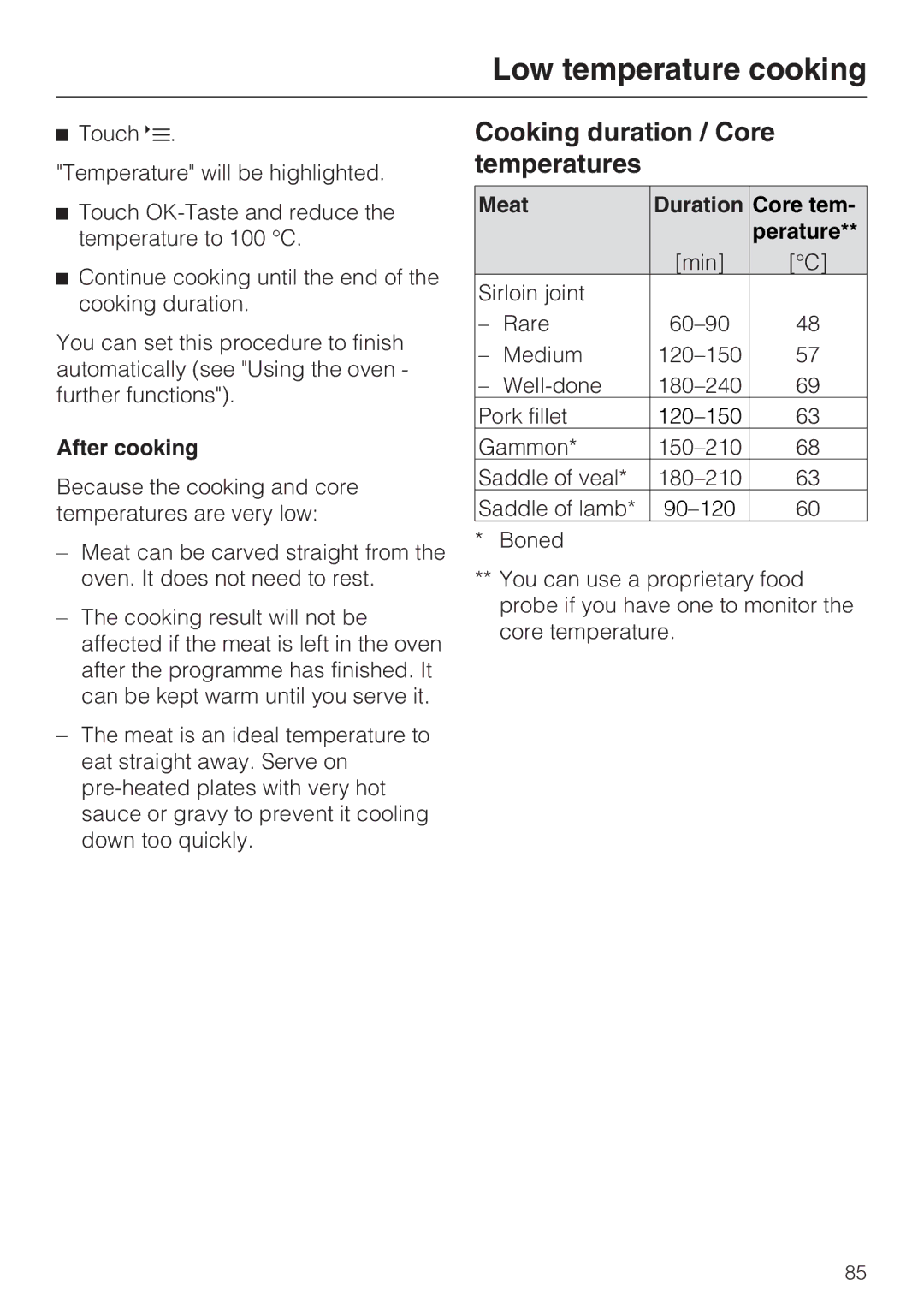 Miele 10 110 510 Cooking duration / Core temperatures, After cooking, Meat Duration Core tem Perature 