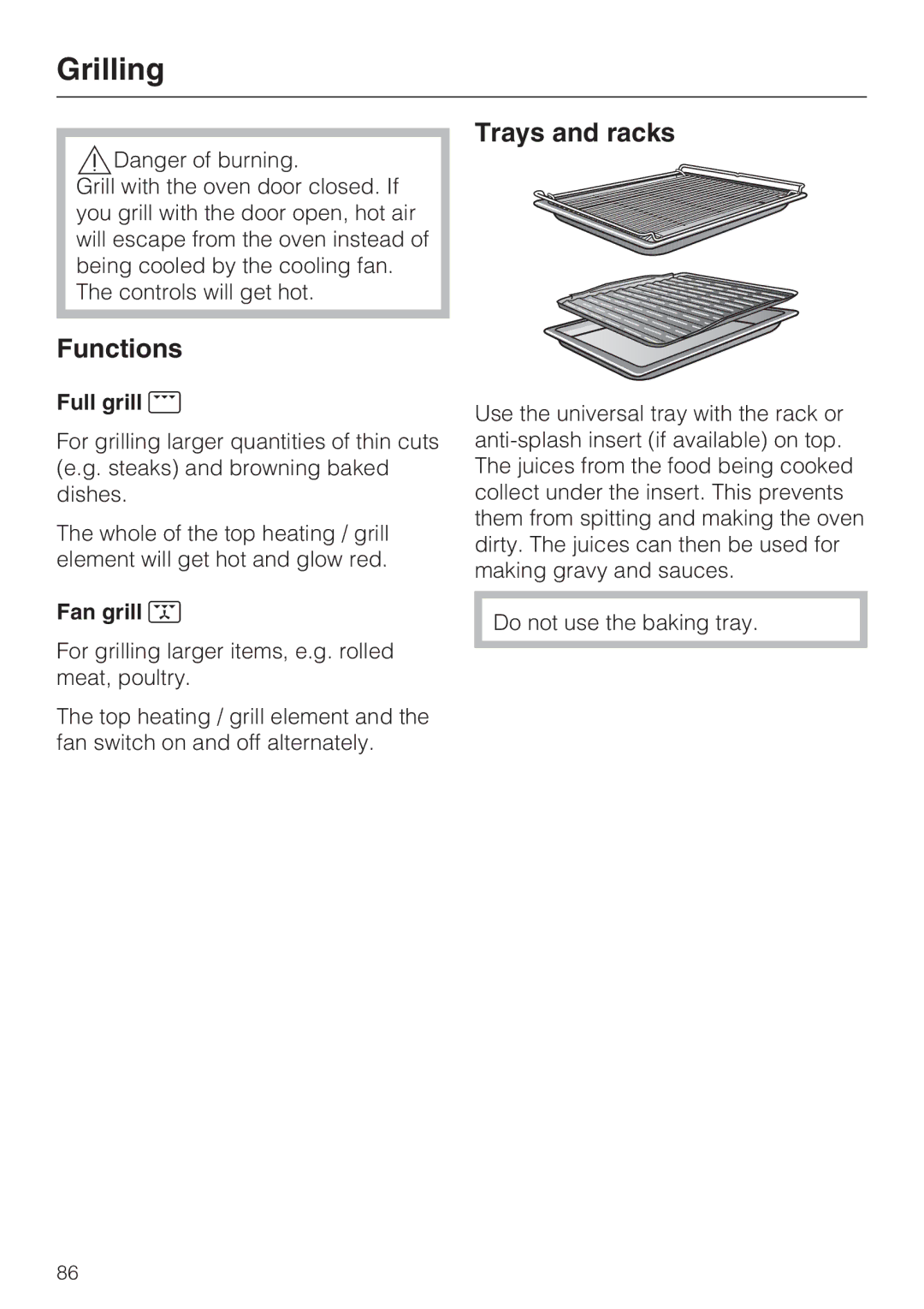 Miele 10 110 510 installation instructions Grilling, Trays and racks 