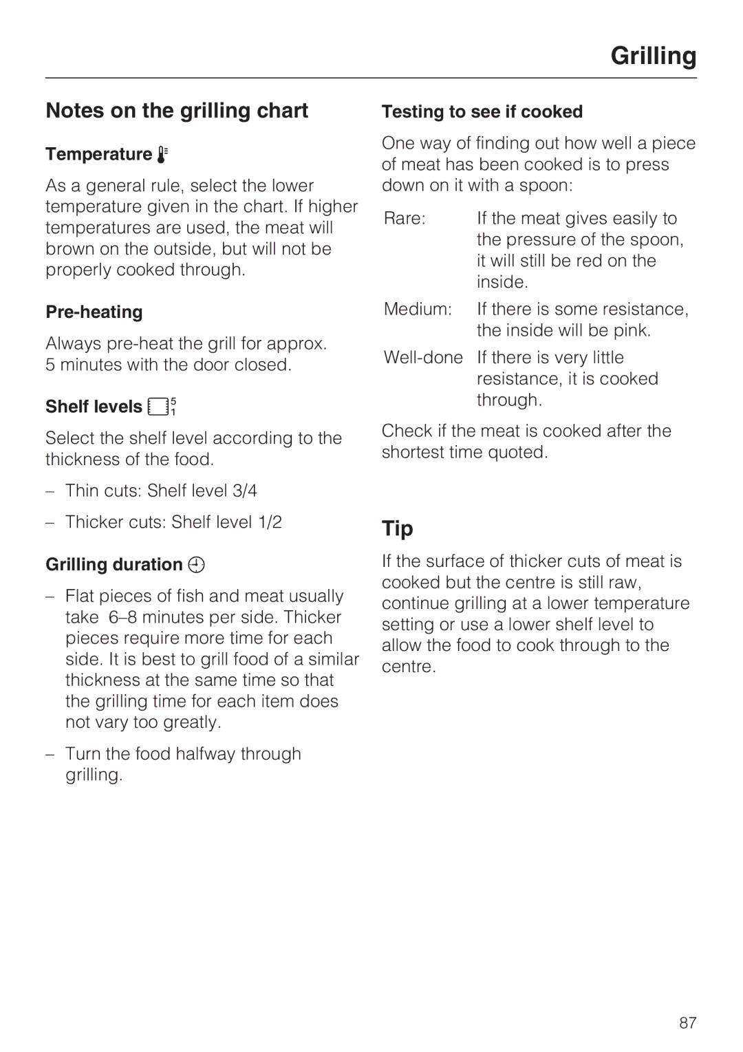 Miele 10 110 510 installation instructions Tip, Grilling duration, Testing to see if cooked 