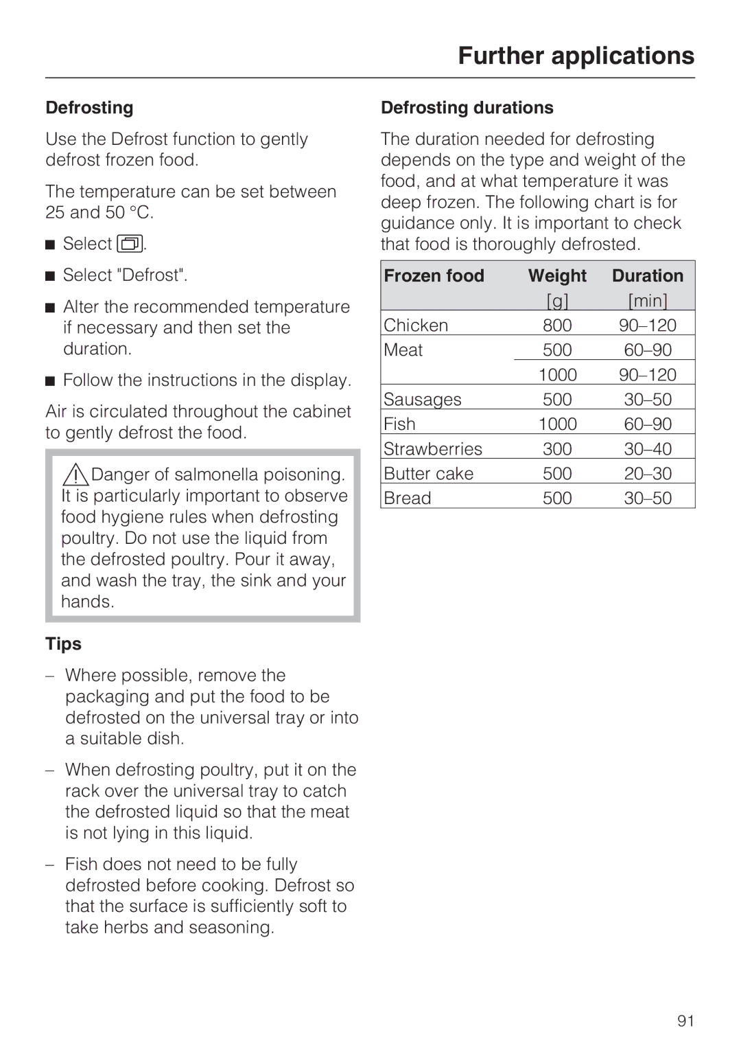 Miele 10 110 510 installation instructions Tips, Defrosting durations, Frozen food Weight Duration 