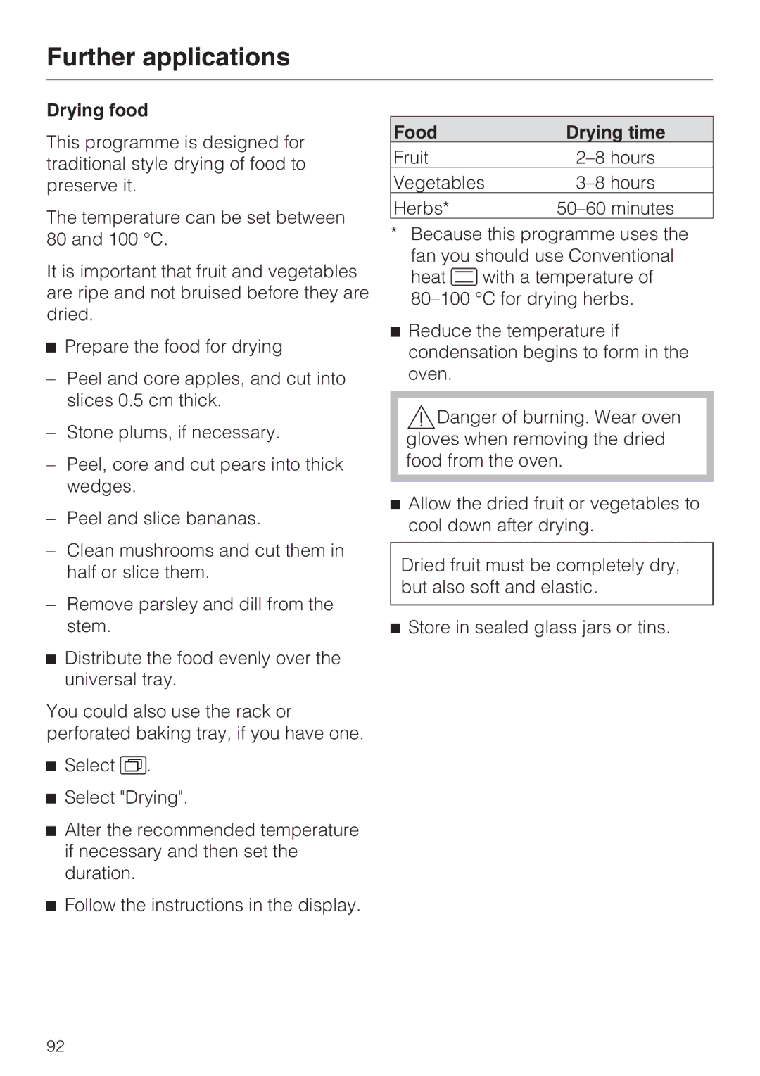 Miele 10 110 510 installation instructions Drying food, Food Drying time 