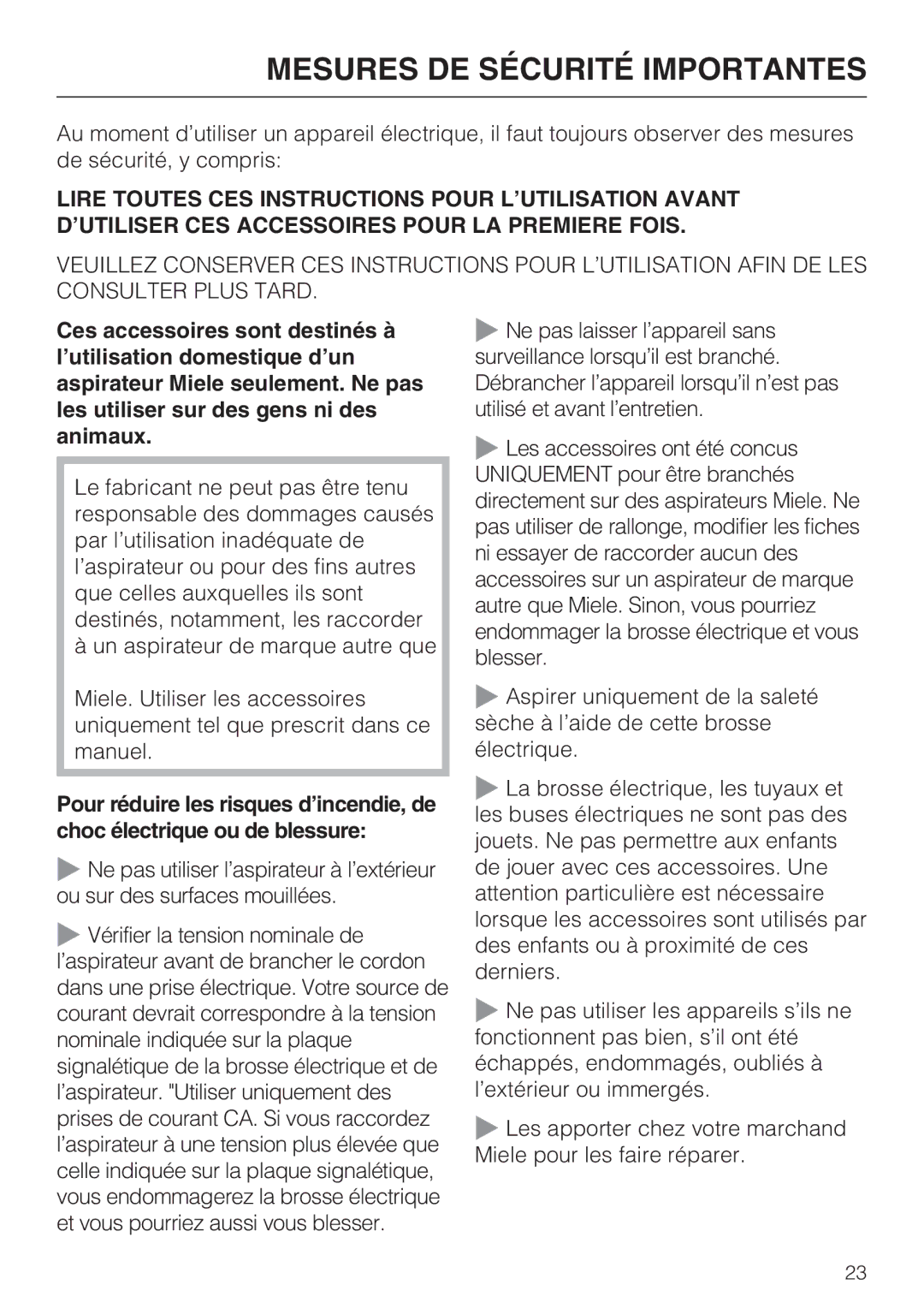 Miele 213-2, 217-3, 217-2 operating instructions Mesures DE Sécurité Importantes 