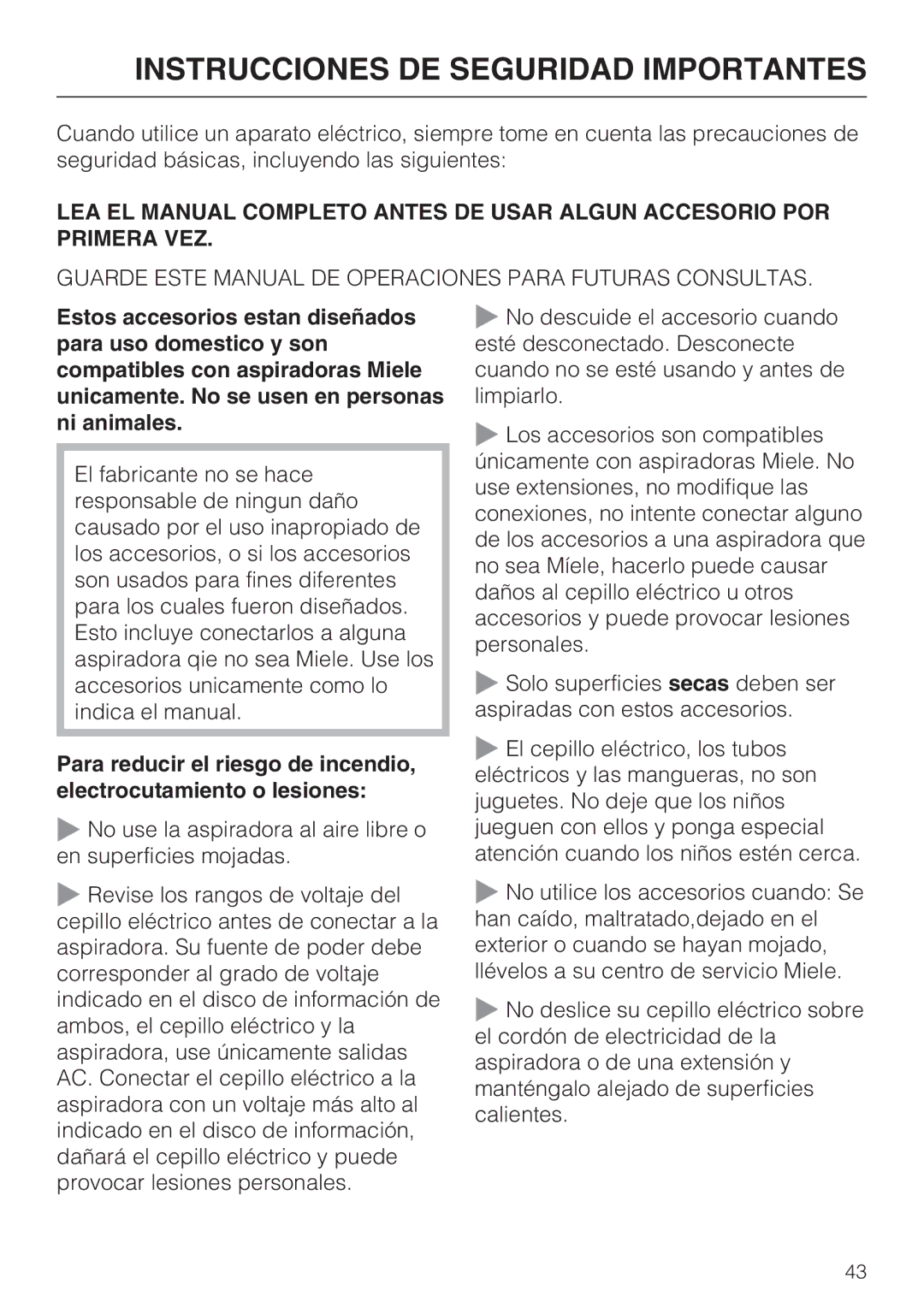 Miele 213-2, 217-3, 217-2 operating instructions Instrucciones DE Seguridad Importantes 