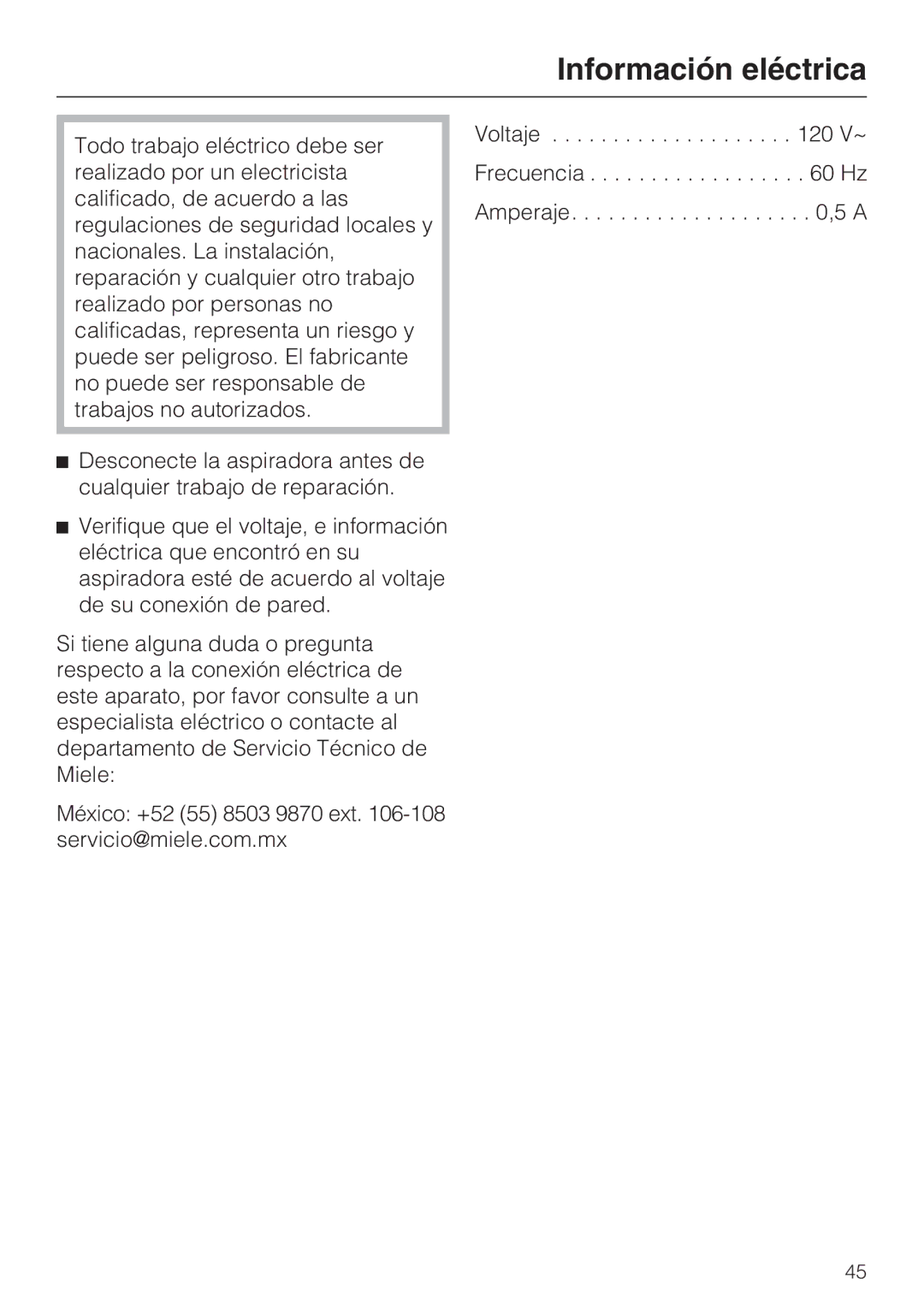 Miele 217-2, 217-3, 213-2 operating instructions Información eléctrica 