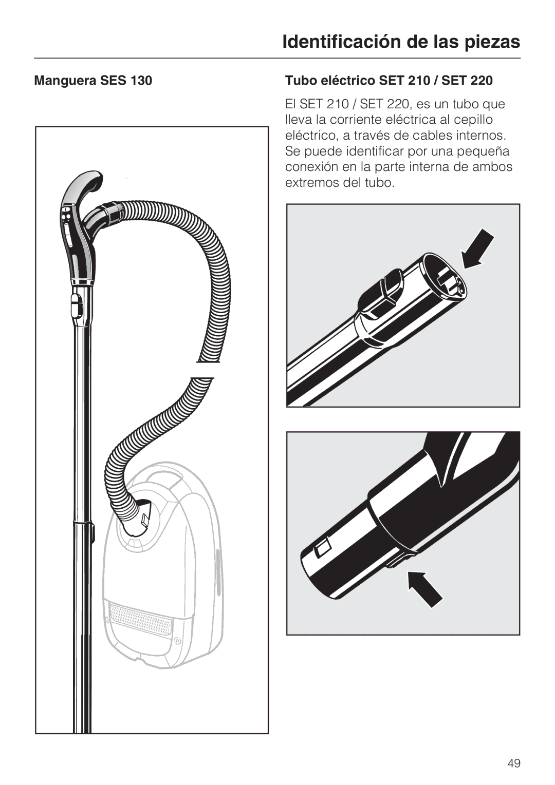 Miele 217-2, 217-3, 213-2 operating instructions Identificación de las piezas, Manguera SES Tubo eléctrico SET 210 / SET 