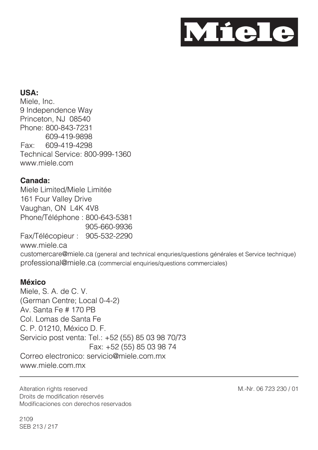 Miele 217-3, 217-2, 213-2 operating instructions 