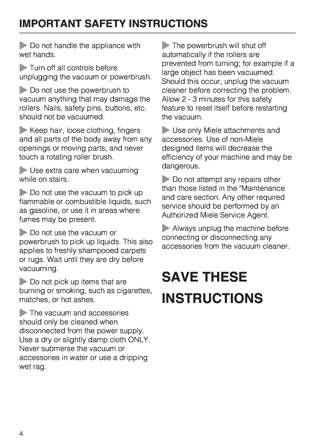 Miele 217-3, 217-2, 213-2 operating instructions Save These Instructions, Important Safety Instructions 