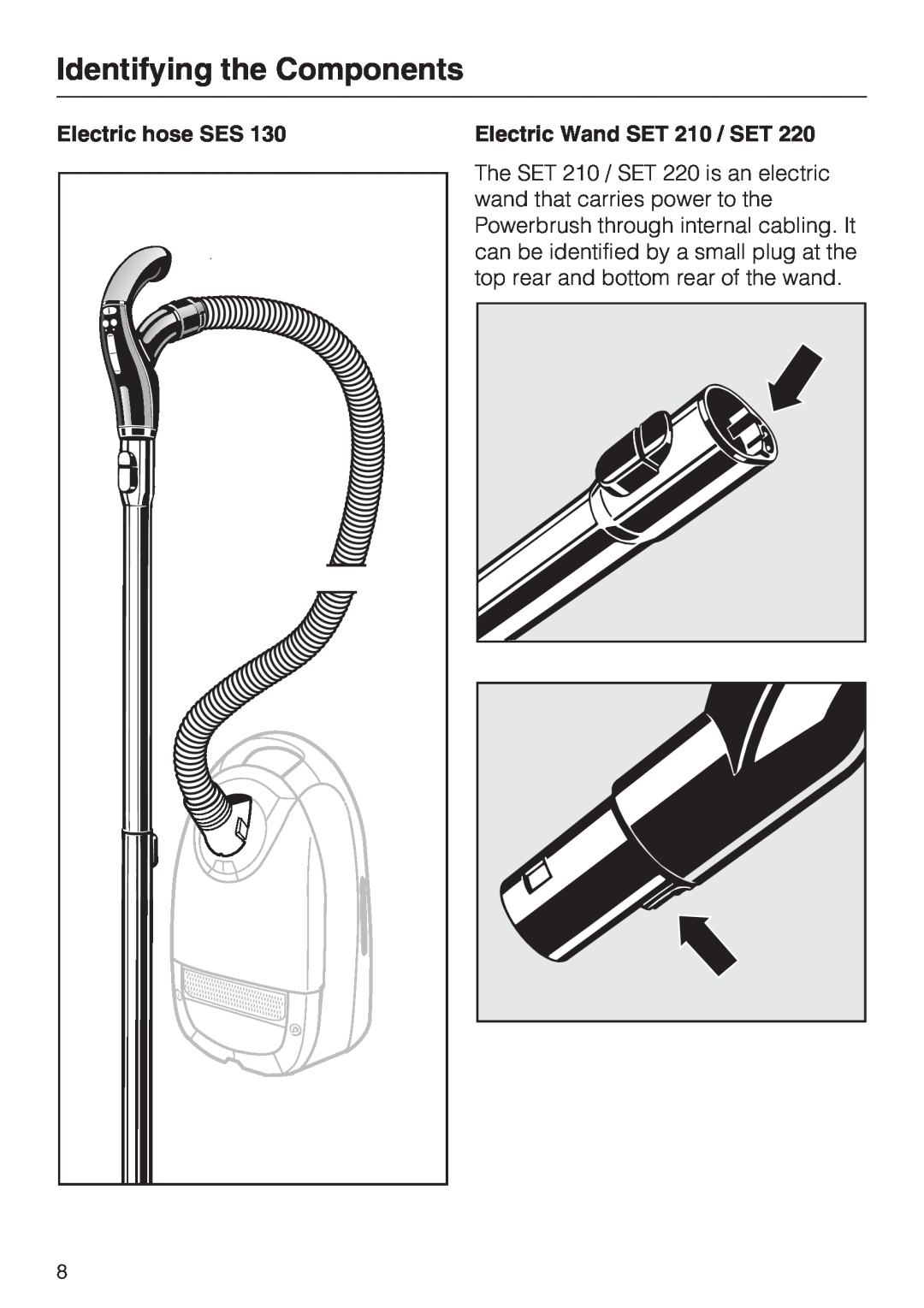 Miele 217-3, 217-2, 213-2 operating instructions Identifying the Components, Electric hose SES, Electric Wand SET 210 / SET 
