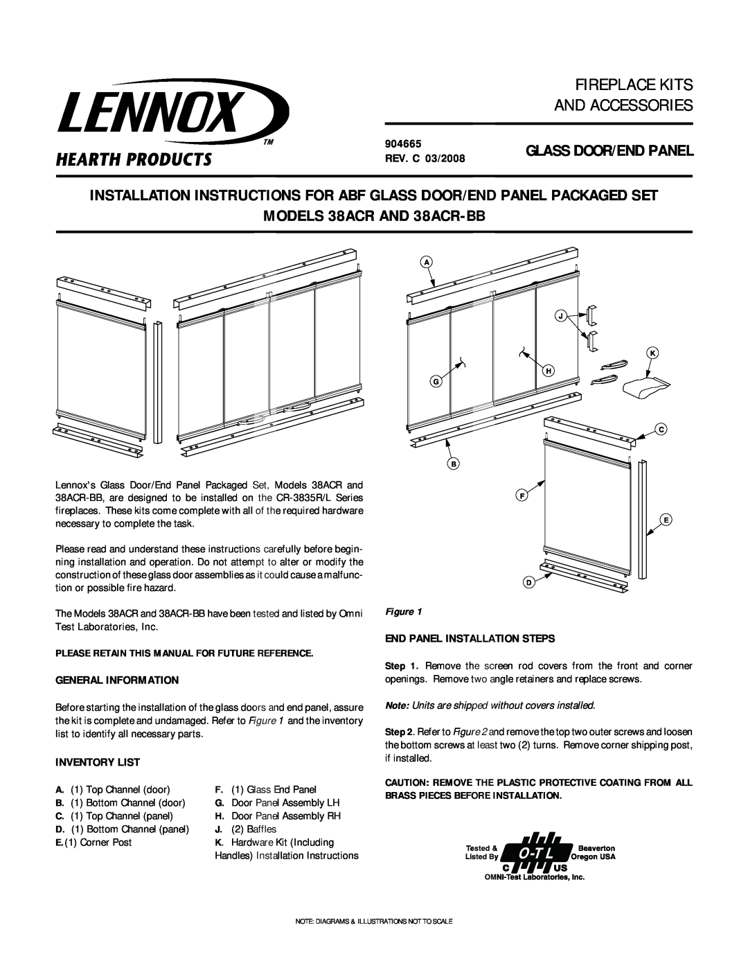 Miele 38ACR installation instructions 904665 REV. C 03/2008, General Information, Inventory List, Glass Door/End Panel 