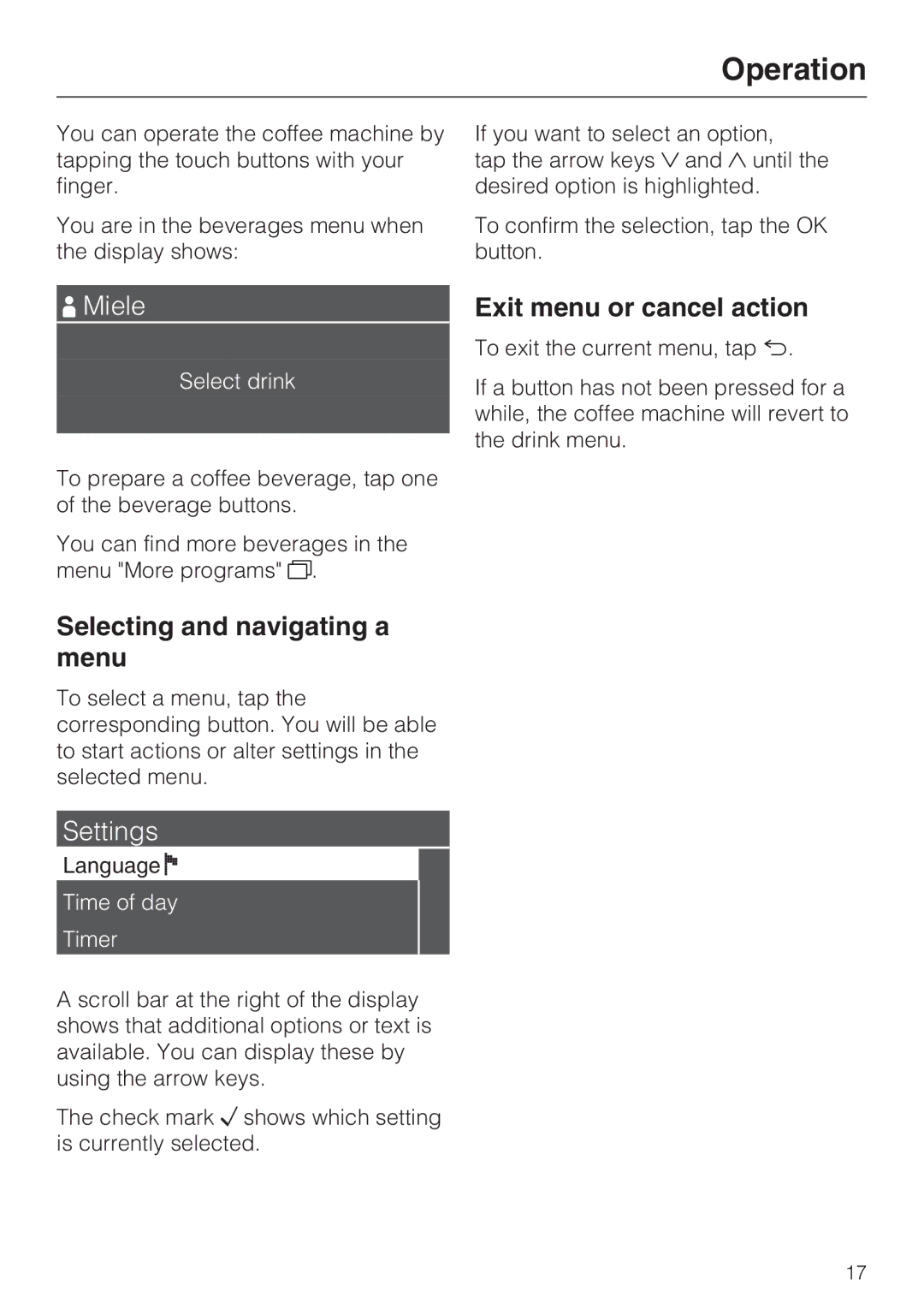 Miele 9741510 installation instructions Operation, Selecting and navigating a menu, Exit menu or cancel action 