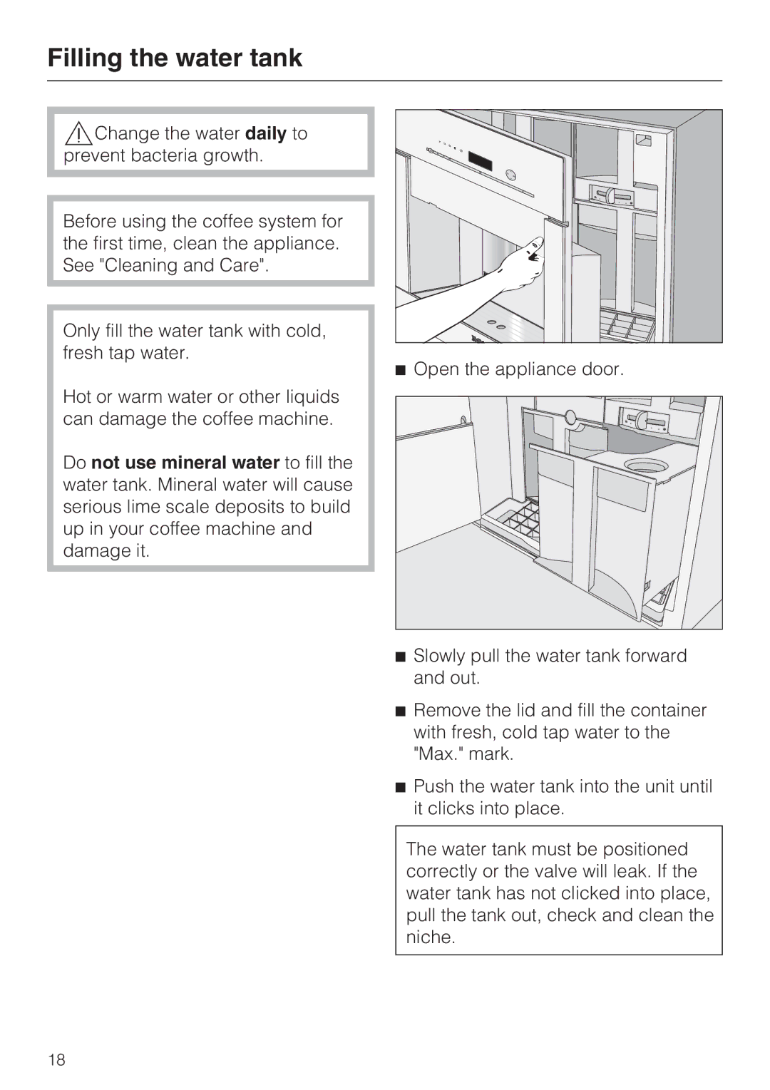 Miele 9741510 installation instructions Filling the water tank 