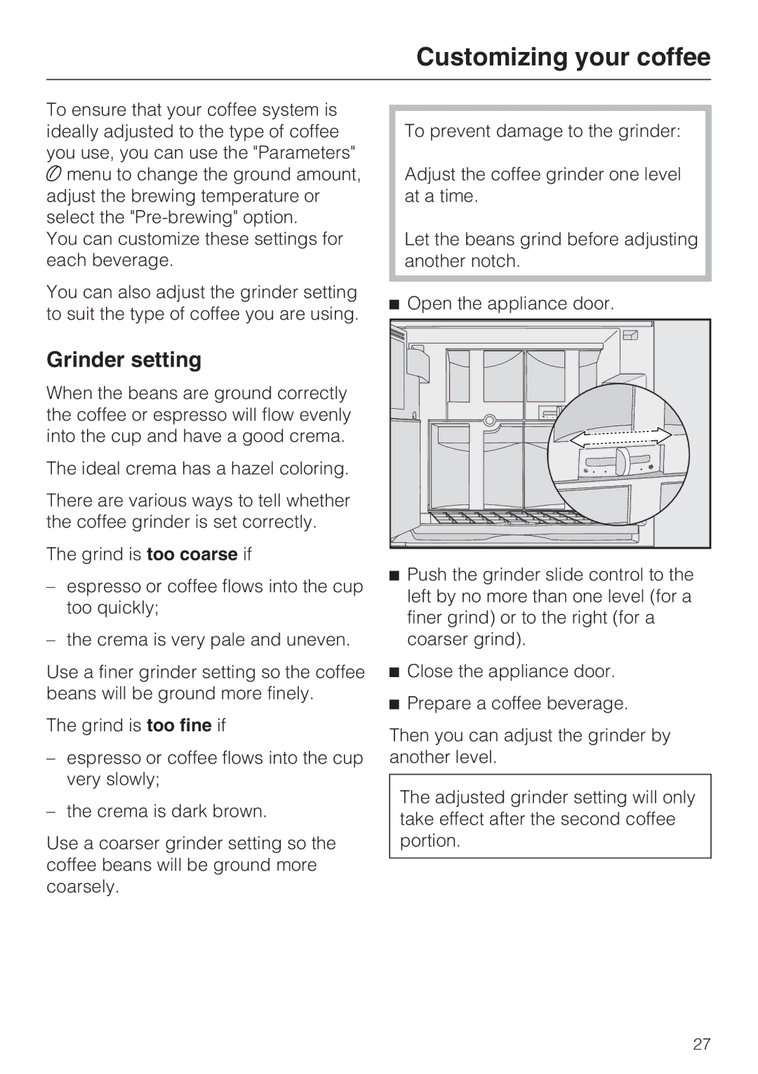 Miele 9741510 installation instructions Customizing your coffee, Grinder setting 