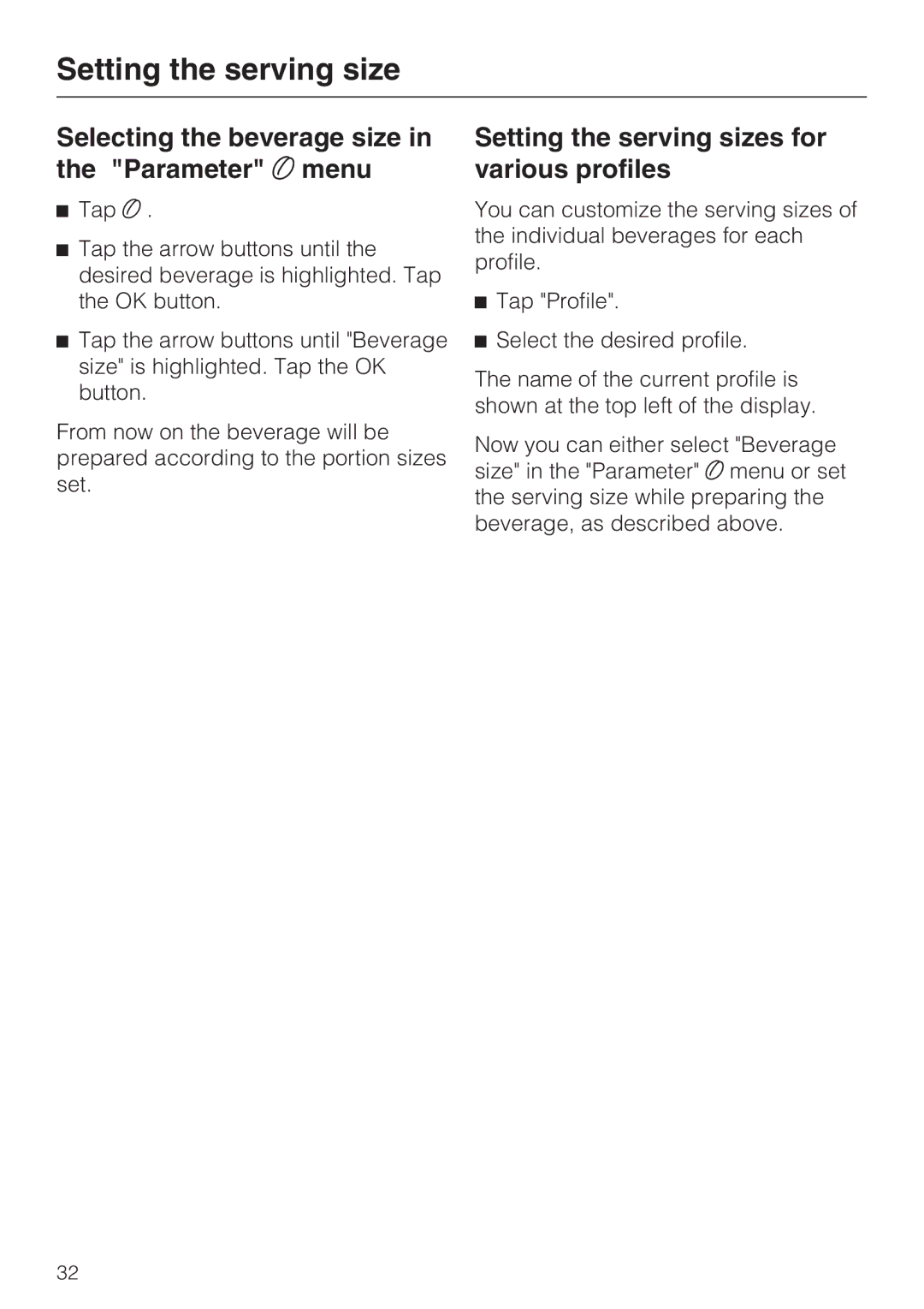 Miele 9741510 Selecting the beverage size in the Parameter menu, Setting the serving sizes for various profiles 