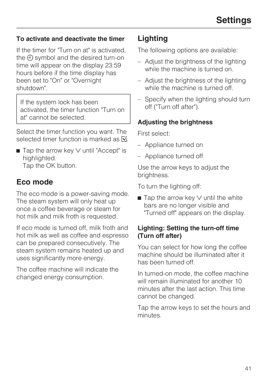 Miele 9741510 installation instructions Eco mode, Lighting, To activate and deactivate the timer, Adjusting the brightness 