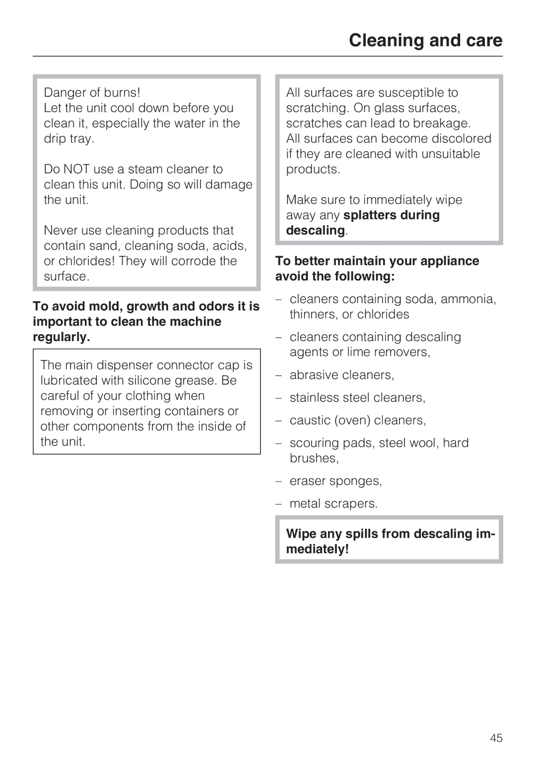 Miele 9741510 To better maintain your appliance avoid the following, Wipe any spills from descaling im- mediately 