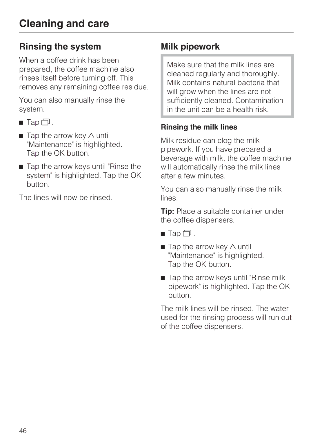 Miele 9741510 installation instructions Rinsing the system, Milk pipework, Rinsing the milk lines 