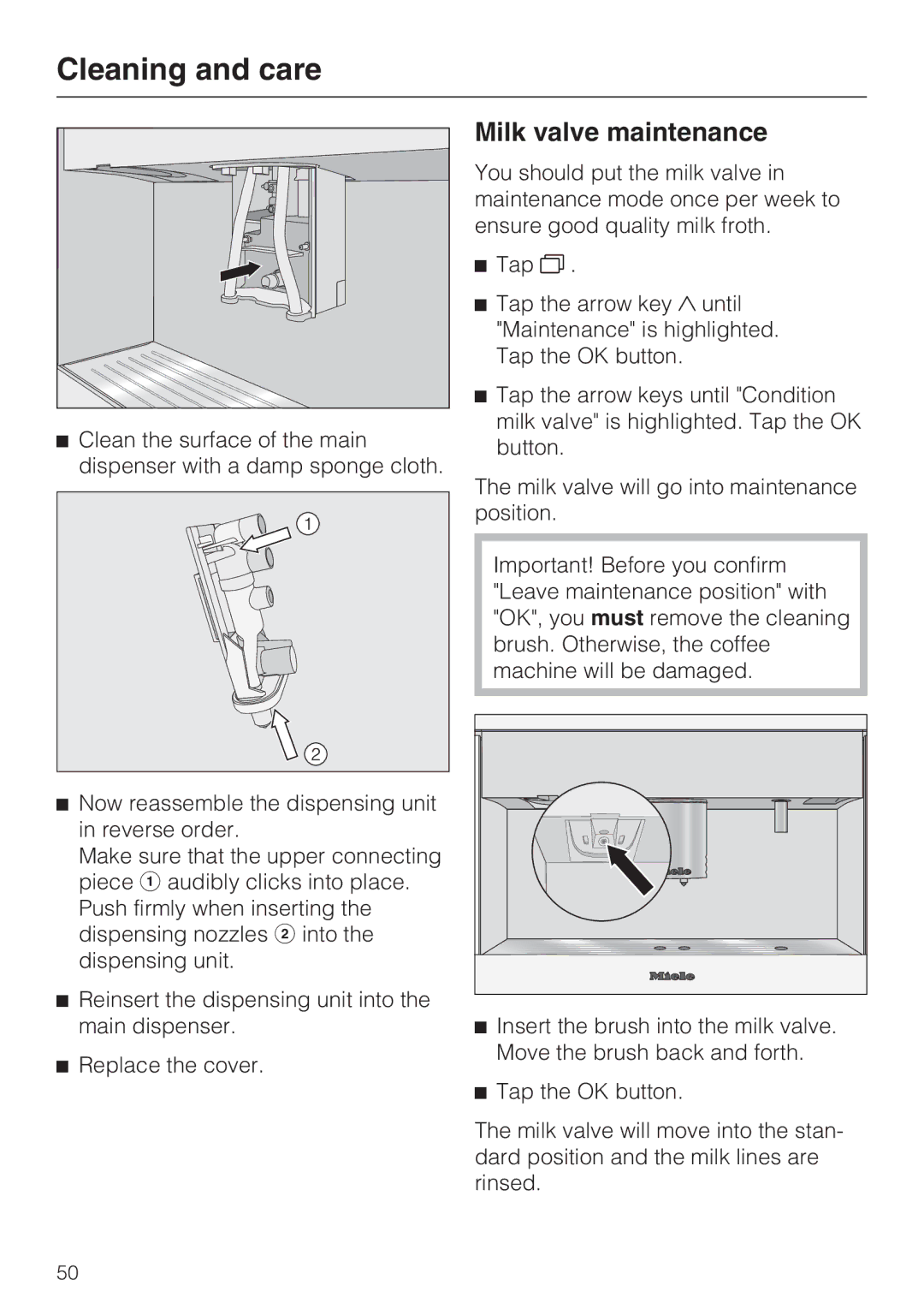 Miele 9741510 installation instructions Milk valve maintenance 