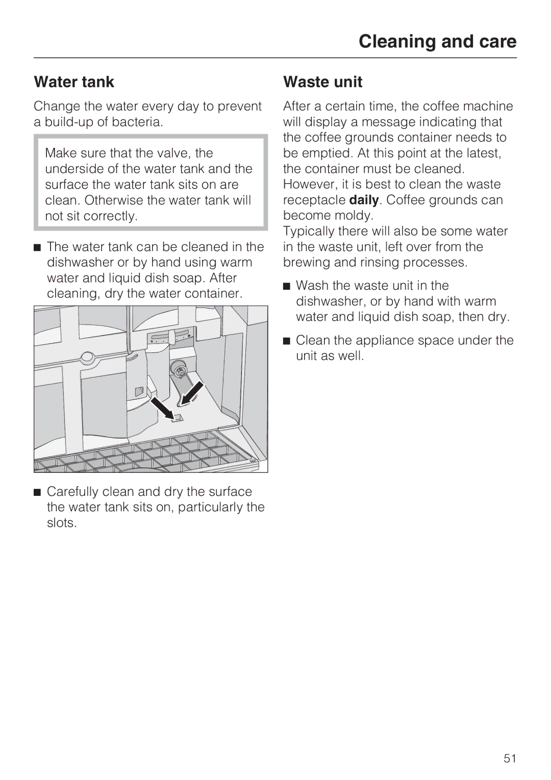 Miele 9741510 installation instructions Water tank, Waste unit 