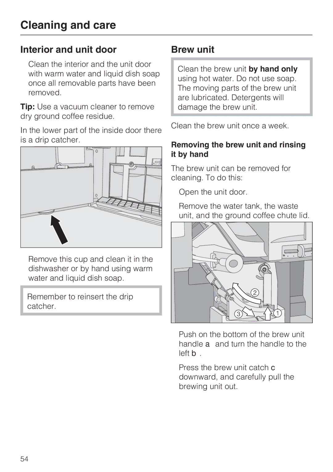 Miele 9741510 installation instructions Interior and unit door, Removing the brew unit and rinsing it by hand 