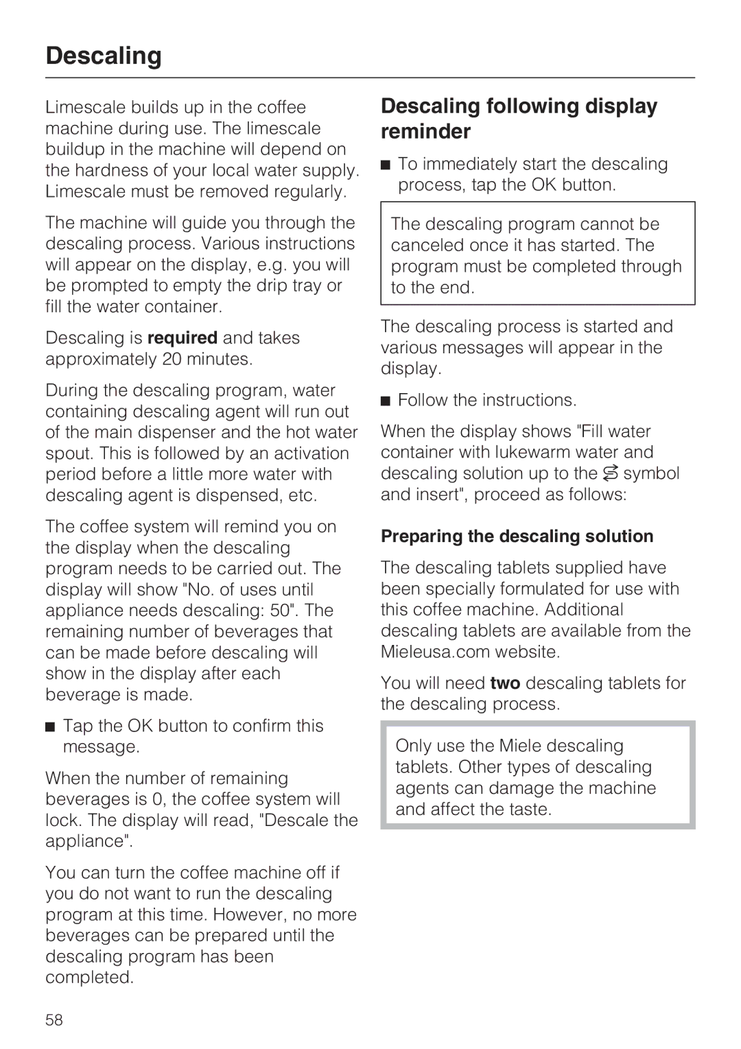 Miele 9741510 installation instructions Descaling following display reminder, Preparing the descaling solution 