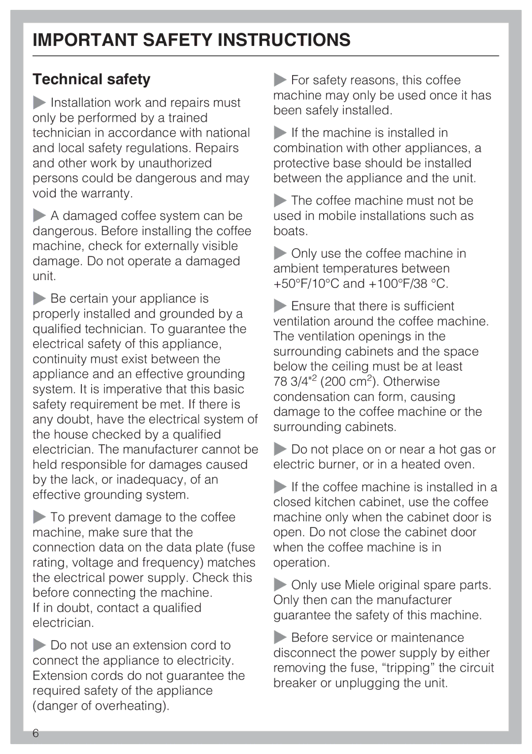 Miele 9741510 installation instructions Technical safety 