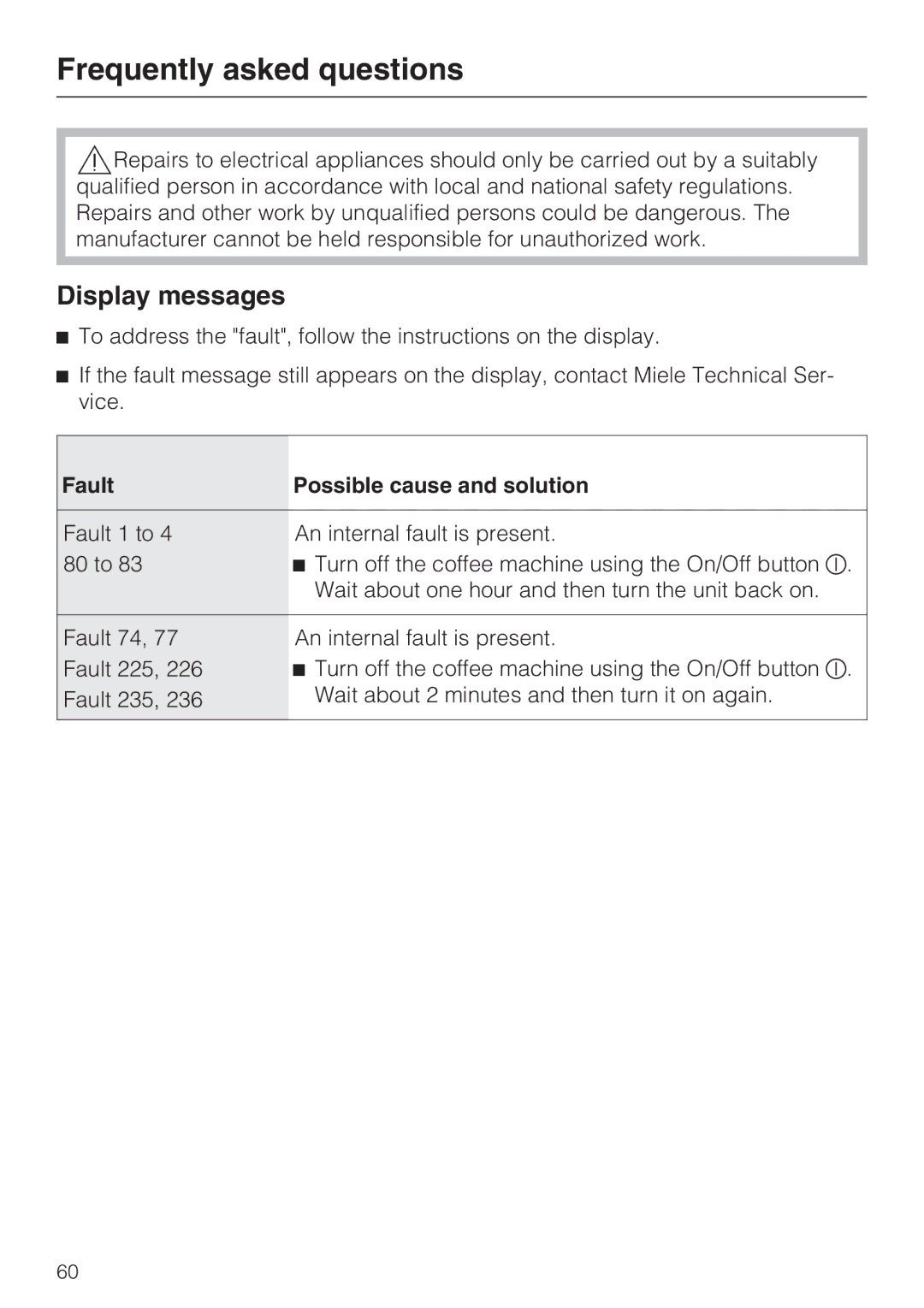 Miele 9741510 installation instructions Frequently asked questions, Display messages, Fault Possible cause and solution 