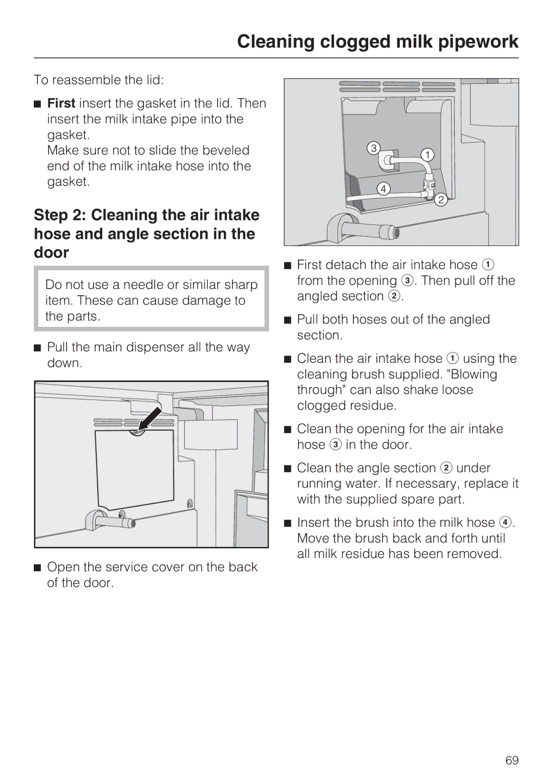 Miele 9741510 installation instructions Cleaning the air intake hose and angle section in the door 