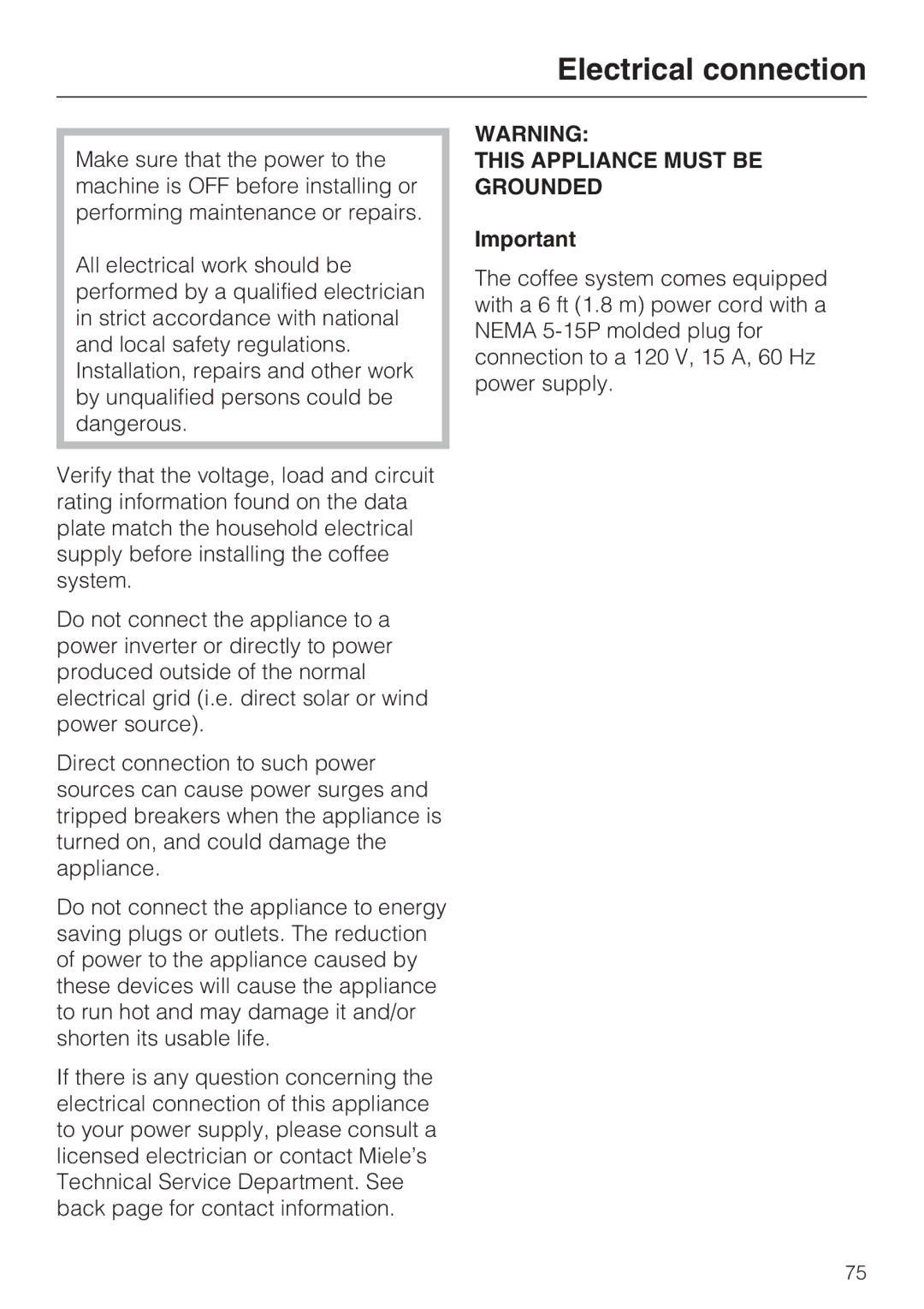 Miele 9741510 installation instructions Electrical connection, This Appliance Must be Grounded 