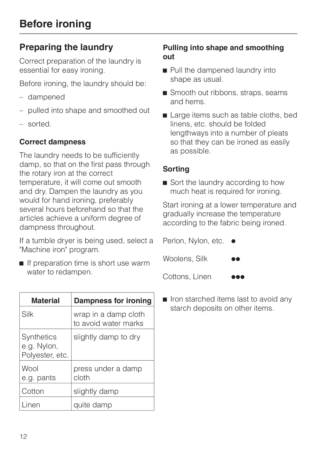 Miele B 890 Preparing the laundry, Correct dampness, Material Dampness for ironing, Pulling into shape and smoothing out 