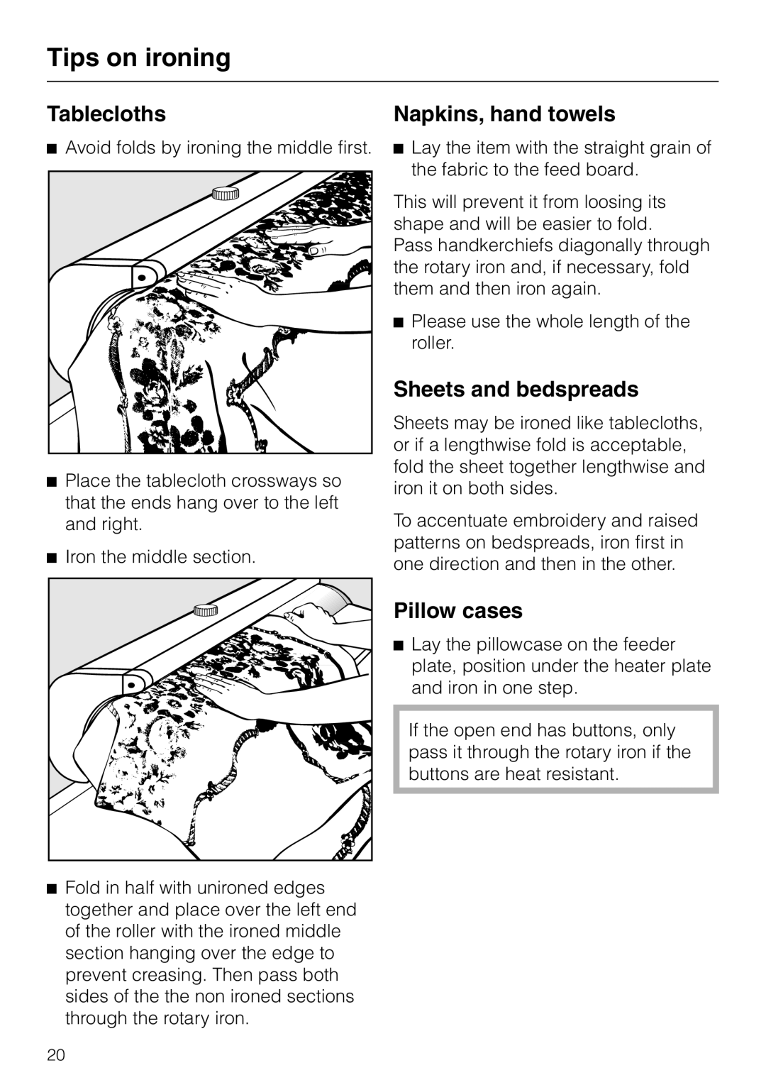 Miele B 890 operating instructions Tips on ironing, Tablecloths, Napkins, hand towels, Sheets and bedspreads, Pillow cases 