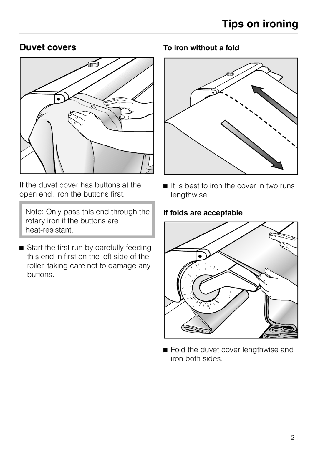 Miele B 890 operating instructions Duvet covers, To iron without a fold, If folds are acceptable 