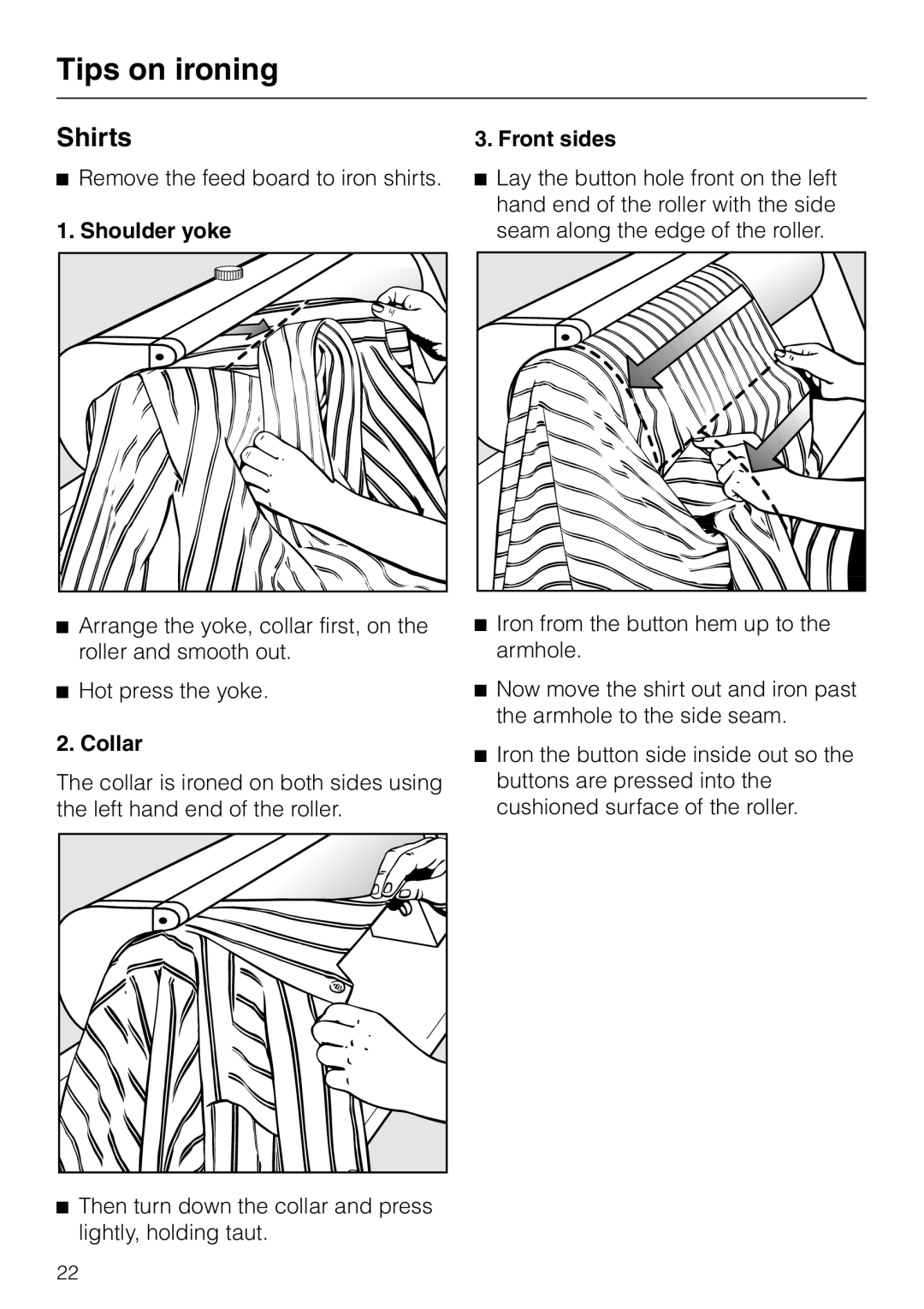 Miele B 890 operating instructions Shirts, Shoulder yoke, Collar, Front sides 