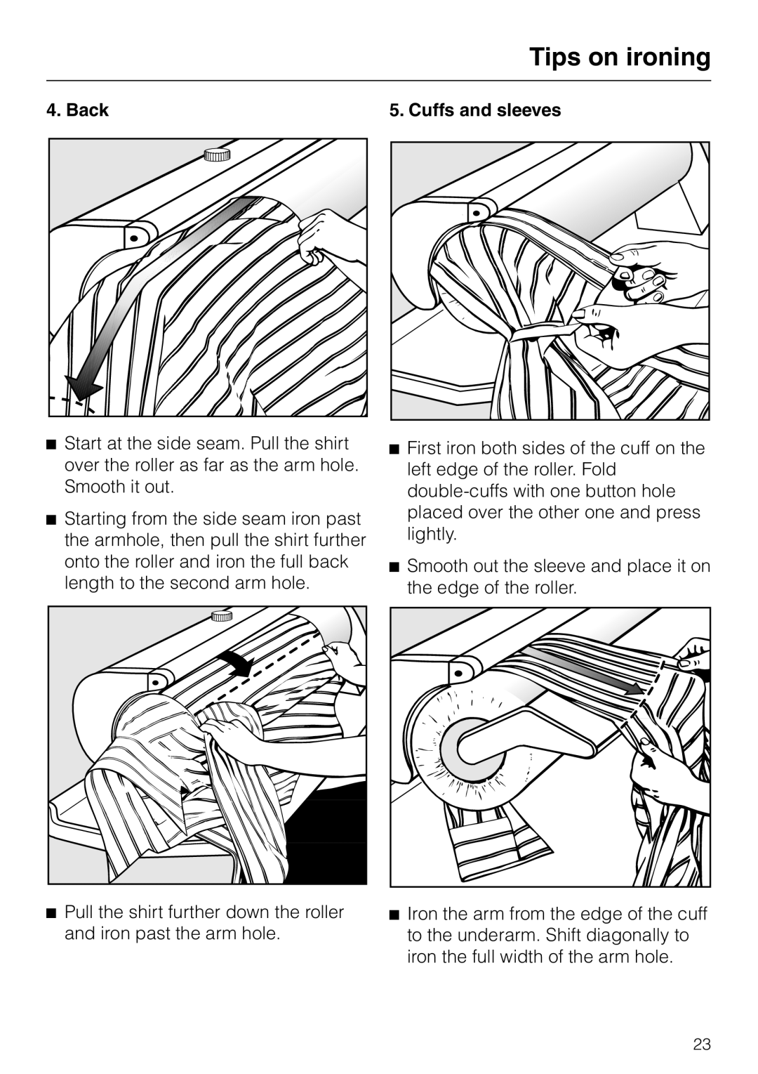 Miele B 890 operating instructions Back, Cuffs and sleeves 