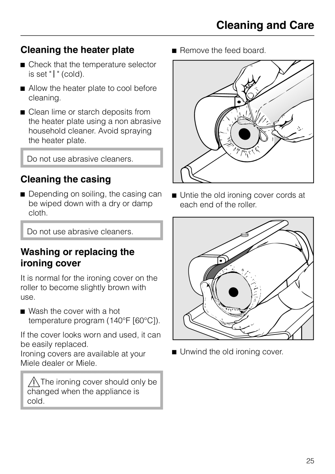 Miele B 890 Cleaning and Care, Cleaning the heater plate, Cleaning the casing, Washing or replacing the ironing cover 