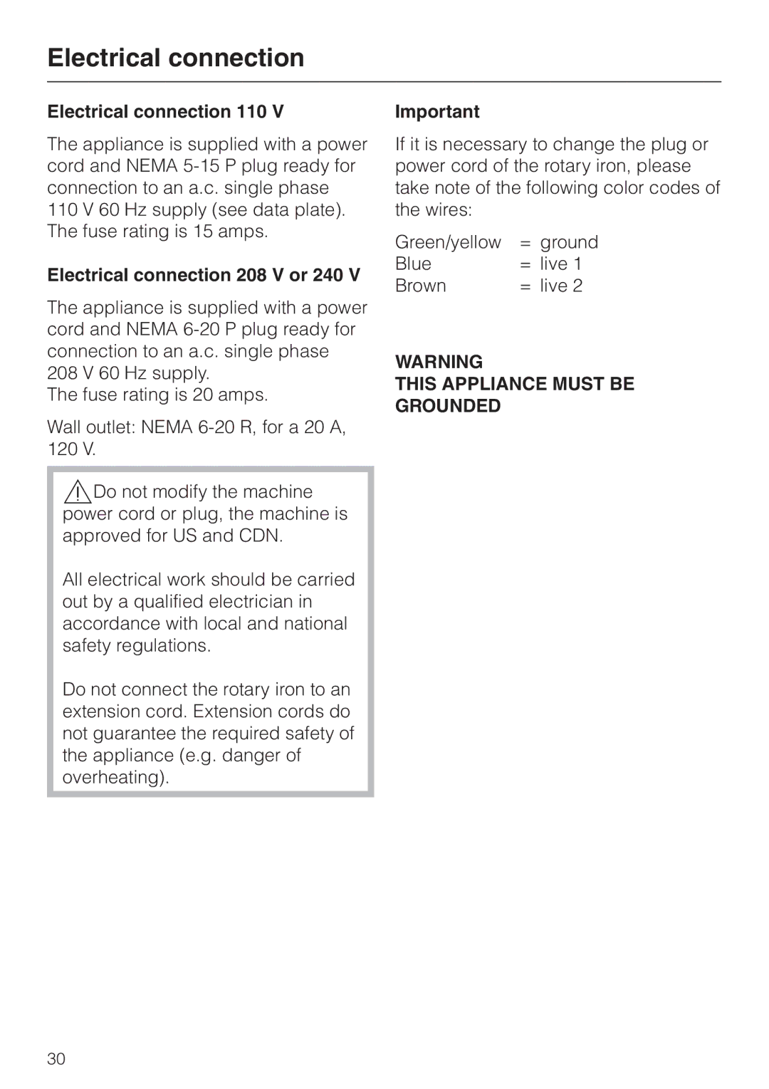 Miele B 890 operating instructions Electrical connection 110, Electrical connection 208 V or 240 