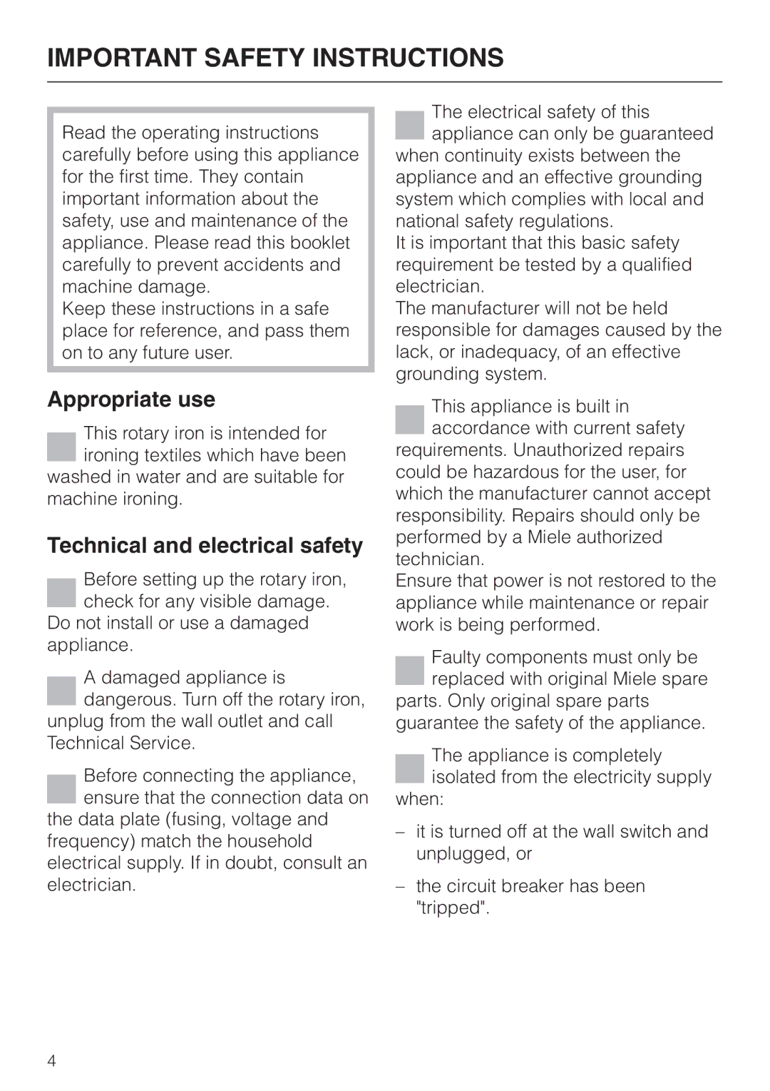 Miele B 890 operating instructions Appropriate use, Technical and electrical safety 