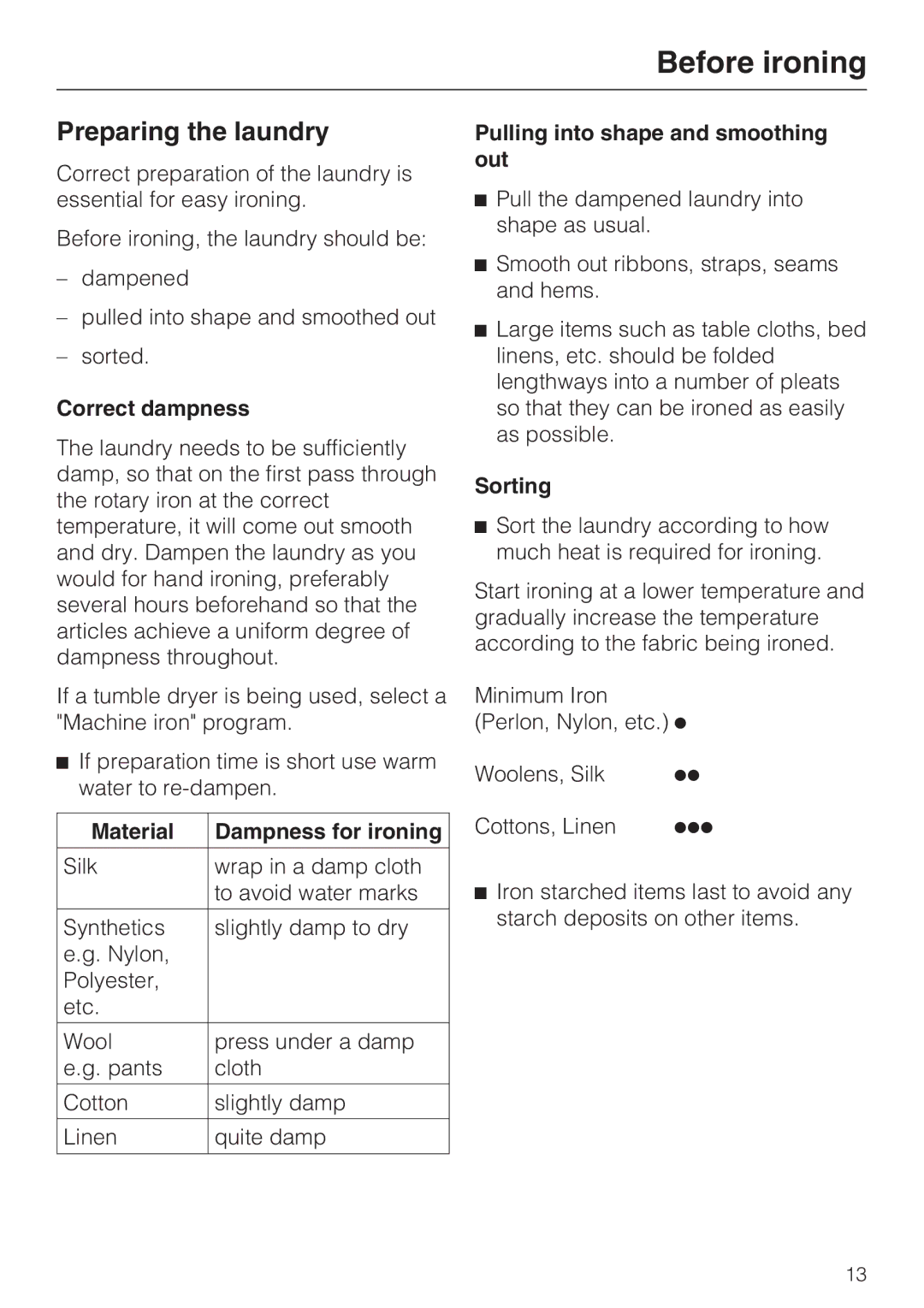 Miele B990 Preparing the laundry, Correct dampness, Material Dampness for ironing, Pulling into shape and smoothing out 