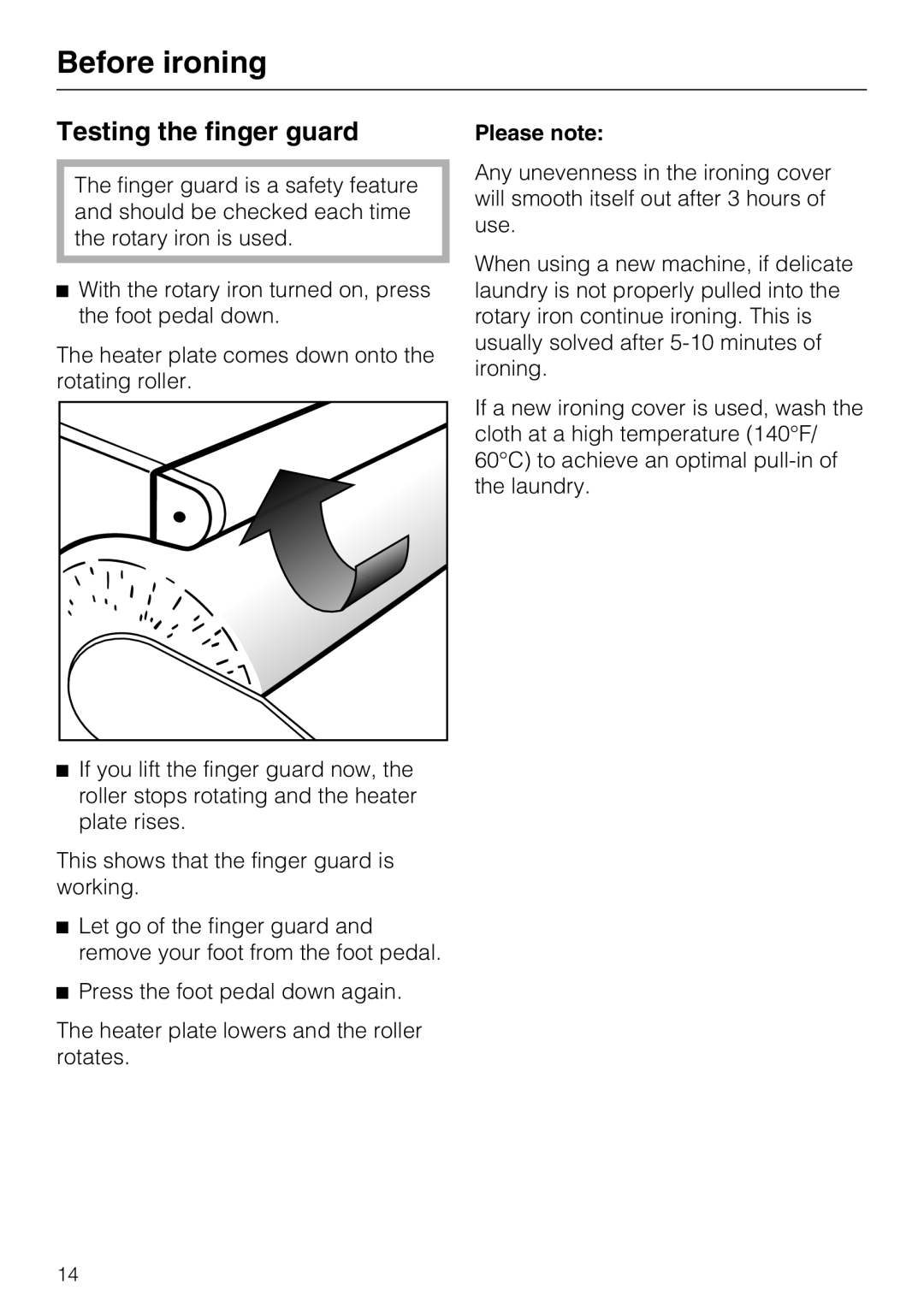 Miele B990 operating instructions Testing the finger guard, Please note 