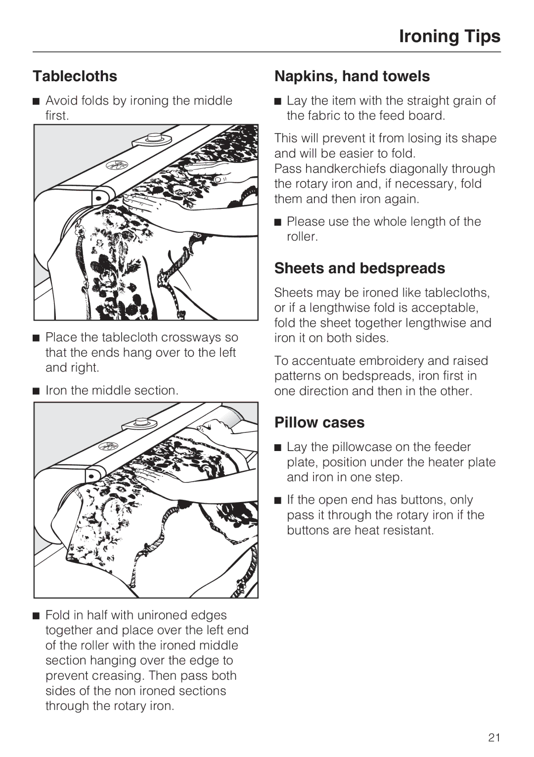 Miele B990 operating instructions Ironing Tips, Tablecloths, Napkins, hand towels, Sheets and bedspreads, Pillow cases 