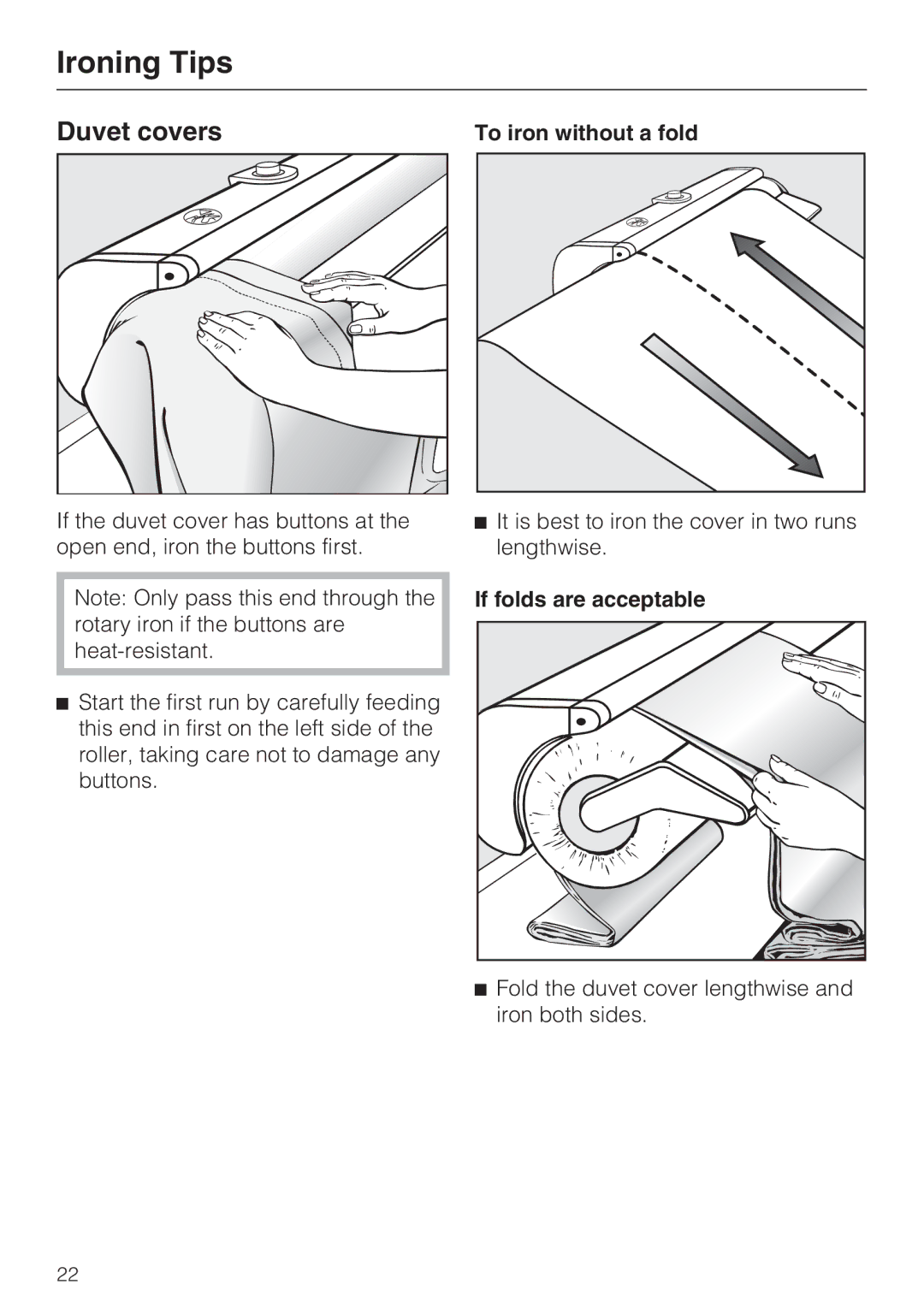 Miele B990 operating instructions Duvet covers, To iron without a fold, If folds are acceptable 