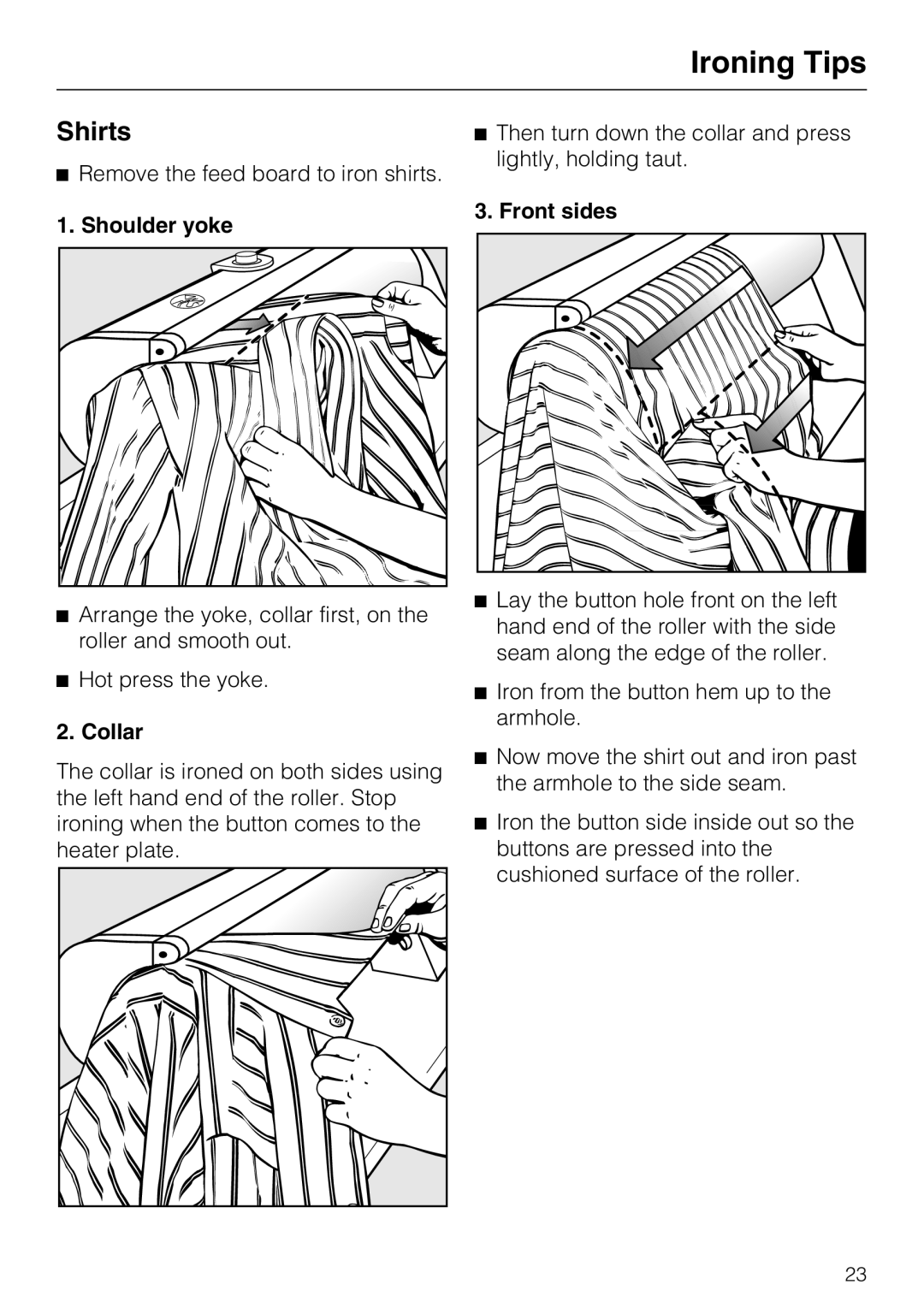 Miele B990 operating instructions Shirts, Shoulder yoke, Collar, Front sides 