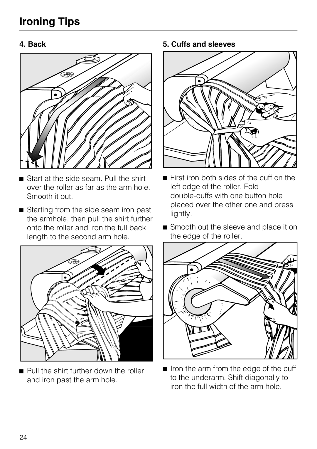 Miele B990 operating instructions Back Cuffs and sleeves 