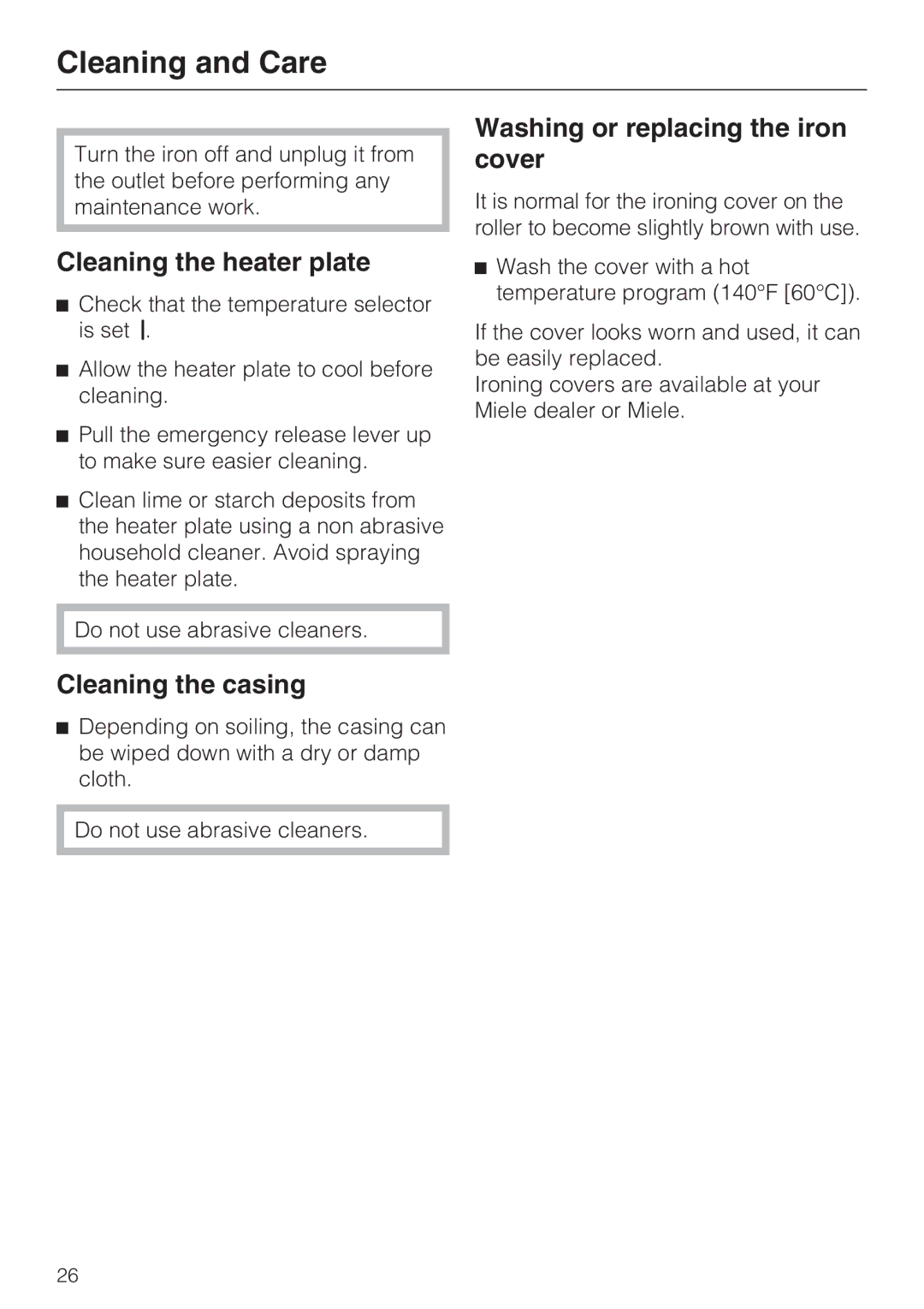 Miele B990 Cleaning and Care, Cleaning the heater plate, Cleaning the casing, Washing or replacing the iron cover 