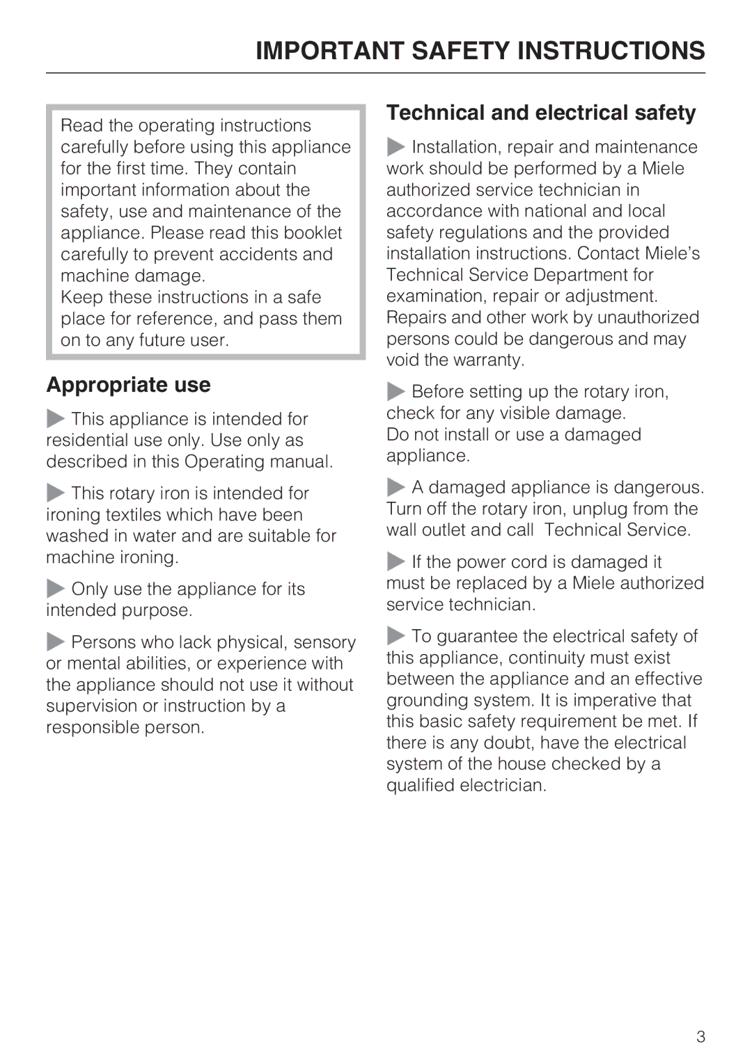 Miele B990 operating instructions Appropriate use, Technical and electrical safety 