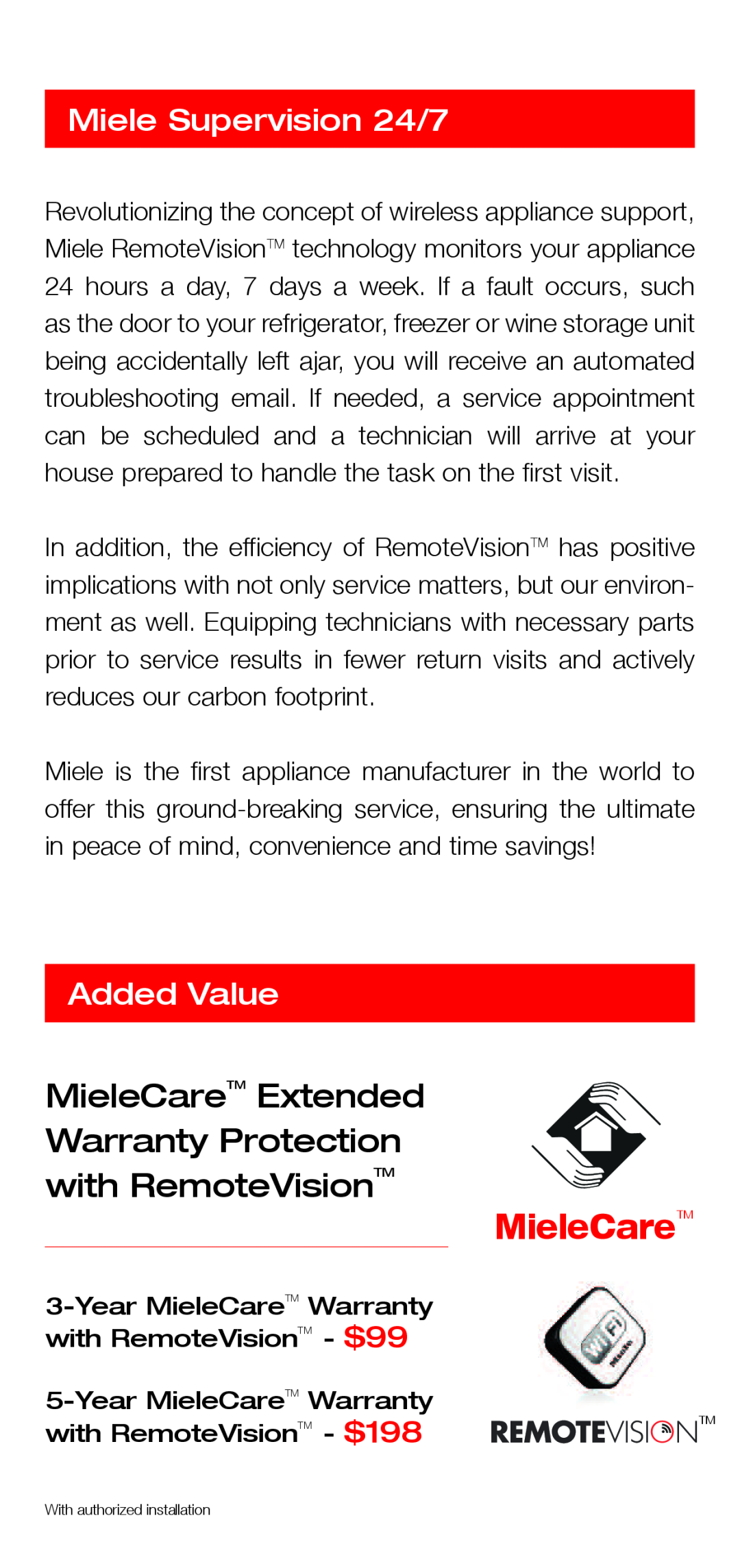 Miele B999790 manual Miele Supervision 24/7, Added Value, MieleCareTM, Remotevisiontm 