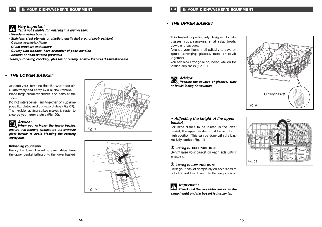 Miele BFD9XP, BSD9XP manual Upper Basket, Lower Basket, Very important, Adjusting the height of the upper basket 